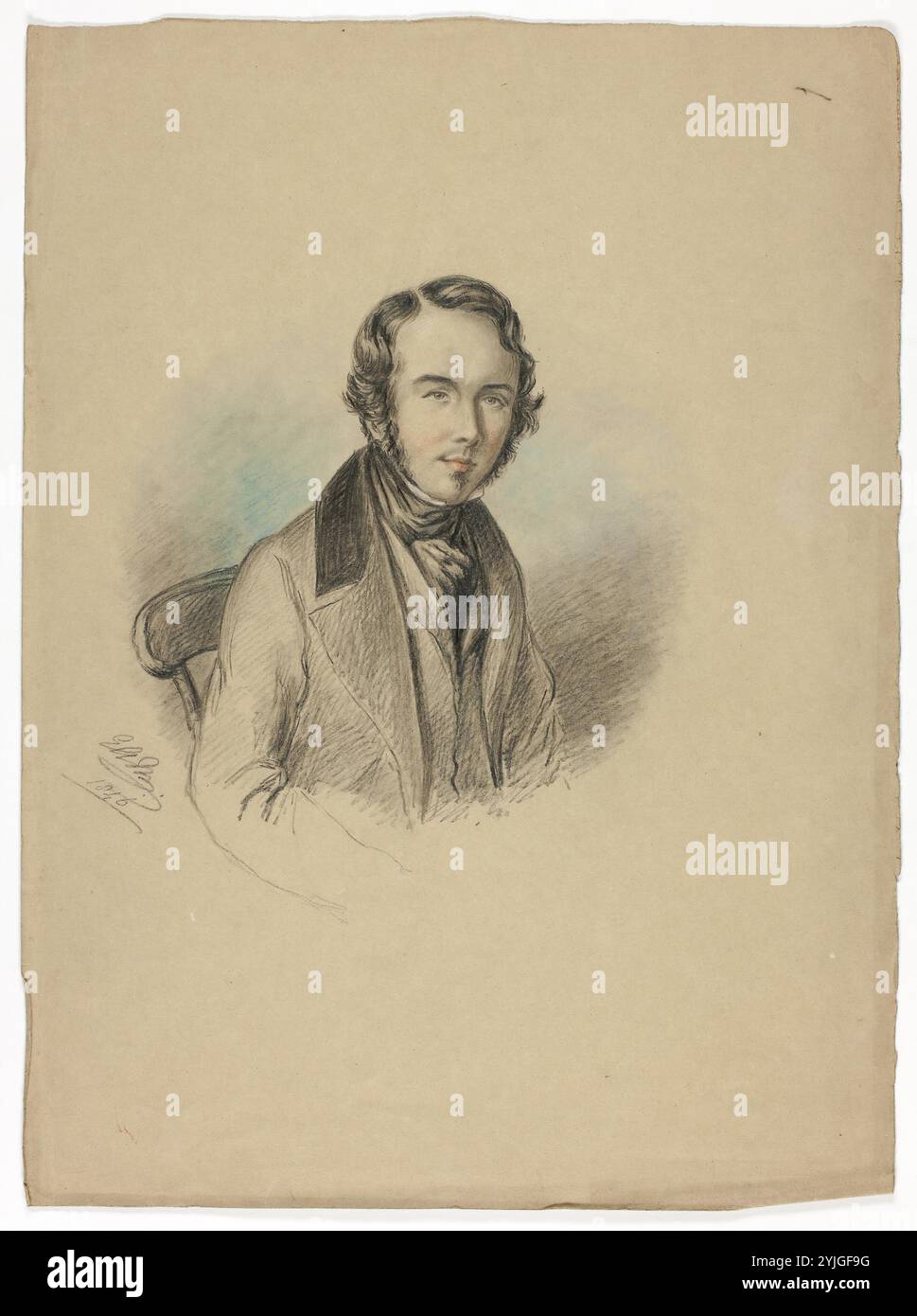 Portrait d'un Man. Elizabeth Murray ; anglais, c. 1815-1882. Date : 1846. Dimensions : 383 mm × 281 mm. Graphite avec crayon de couleur et traces de gouache blanche sur papier tissé brun. Origine : Angleterre. Musée : Chicago Art Institute, FLORENCIA, États-Unis. Banque D'Images