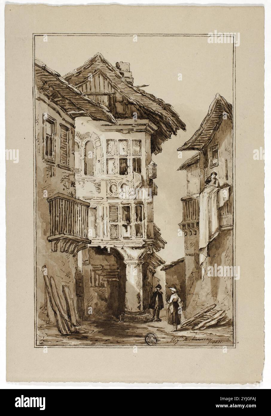 Scène de rue rustique. Elizabeth Murray ; anglais, c. 1815-1882. Date : 1831. Dimensions : 274 mm × 188 mm. Stylo et encre brune et pinceau et lavage brun, rehaussé de gouache blanche, sur traces de graphite sur papier tissé brun. Origine : Angleterre. Musée : Chicago Art Institute, FLORENCIA, États-Unis. Banque D'Images
