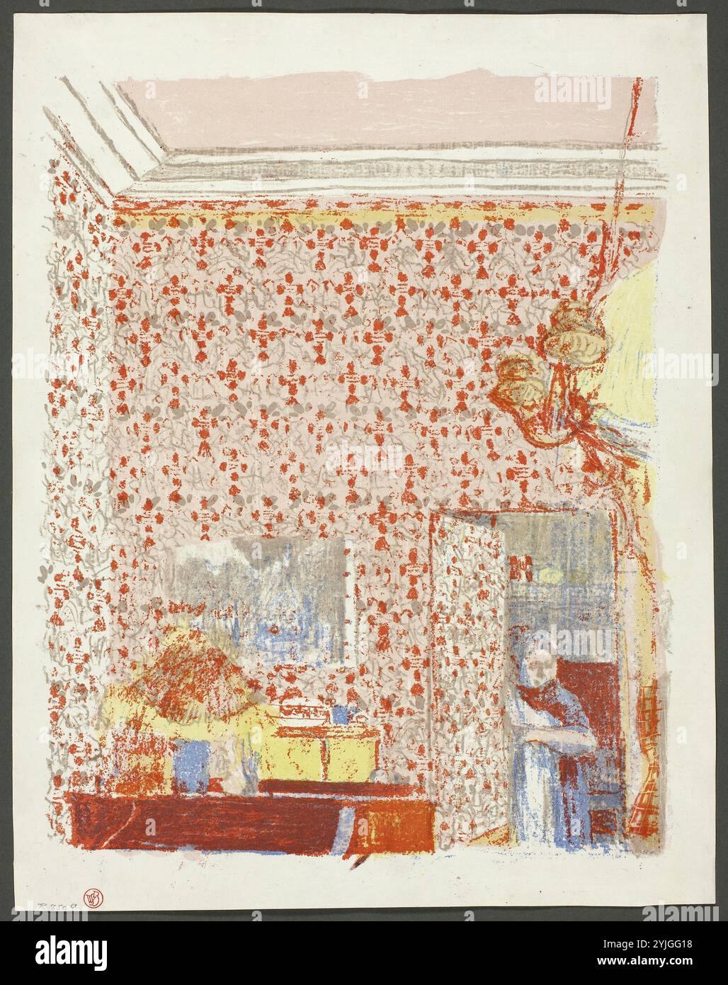 Intérieur avec papier peint rose I, plaque cinq de paysages et intérieurs. Edouard Vuillard (français, 1868-1940) ; imprimé par Auguste Clot (français, 1858-1936) ; édité par Ambroise Vollard (français, 1867-1939). Date : 1899. Dimensions : 353 × 274 mm (image) ; 393 × 307 mm (feuille). Lithographie couleur sur papier de porcelaine grisâtre-ivoire. Origine : France. Musée : Chicago Art Institute, FLORENCIA, États-Unis. Banque D'Images