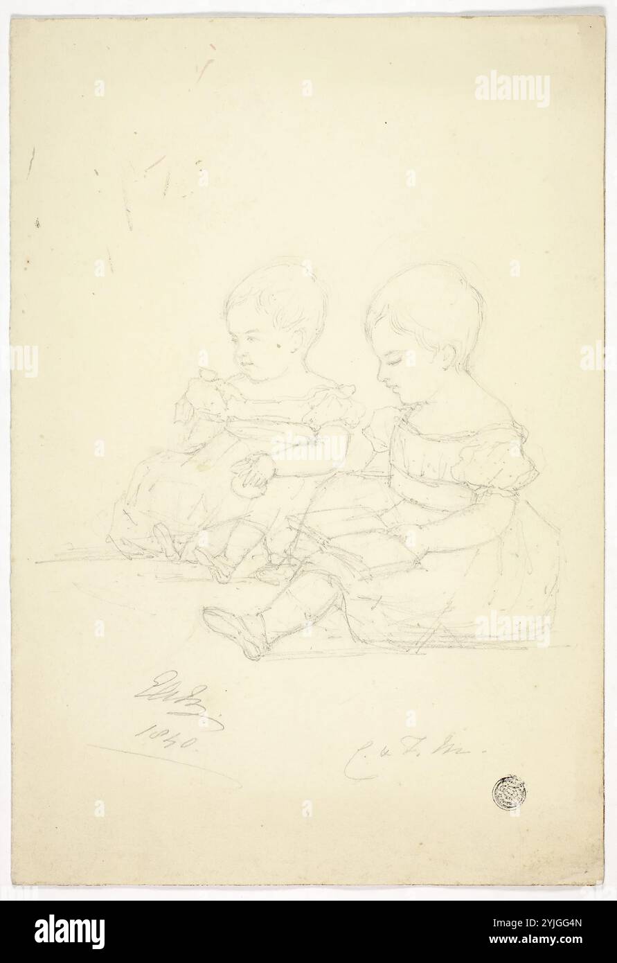 Deux Baby Girls assises (recto), une nature morte et deux animaux (verso). Elizabeth Murray ; anglais, c. 1815-1882. Date : 1840. Dimensions : 268 mm × 366 mm. Graphite sur papier tissé crème plié. Origine : Angleterre. Musée : Chicago Art Institute, FLORENCIA, États-Unis. Banque D'Images