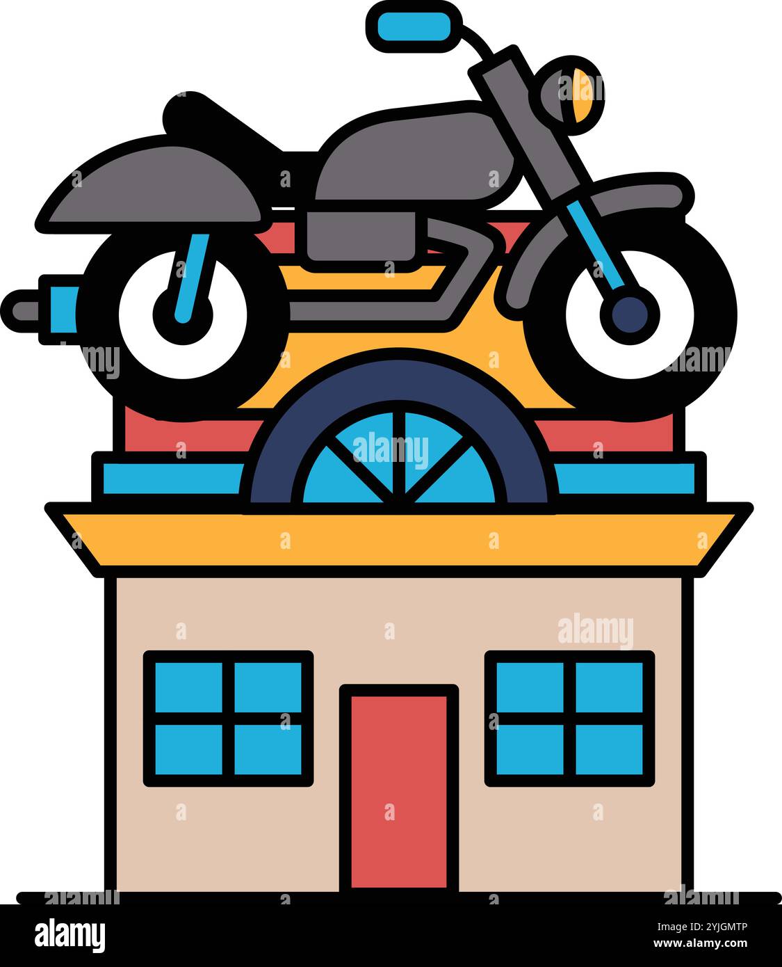 Un bâtiment avec une moto au-dessus. Le bâtiment est un garage. La moto est noire et argentée Illustration de Vecteur