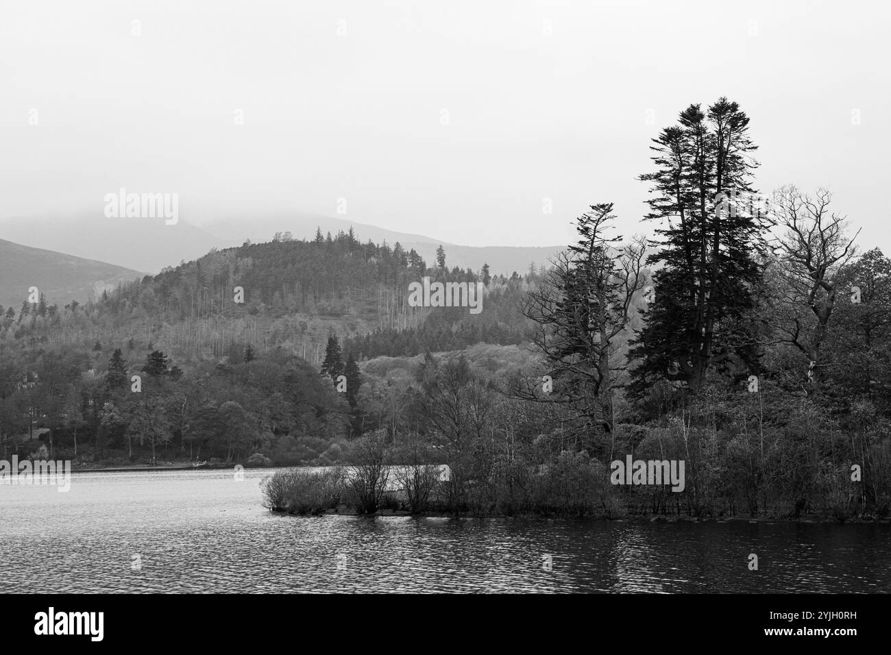 Vue sur le paysage noir et blanc brumeux à travers le lac avec des collines boisées dans Lake District, Cumbria Banque D'Images
