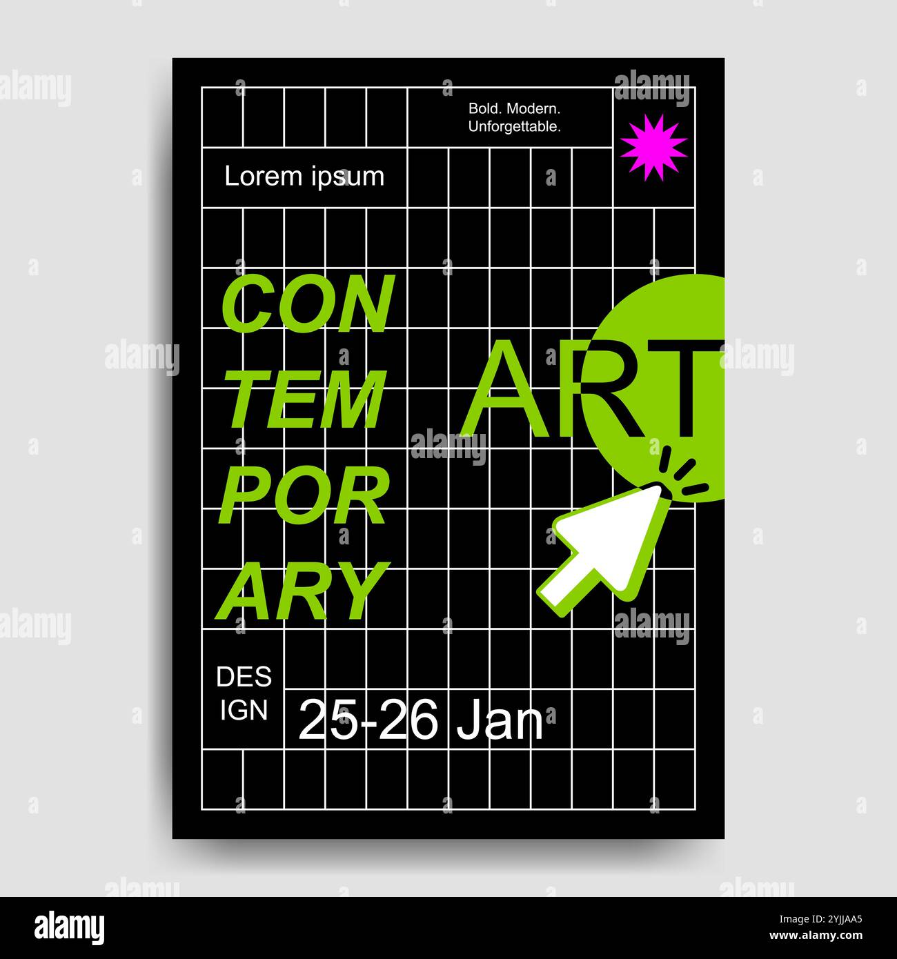 Affiche d'exposition d'art contemporain avec design futuriste rétro sur fond noir et accent de couleur vert lime Illustration de Vecteur