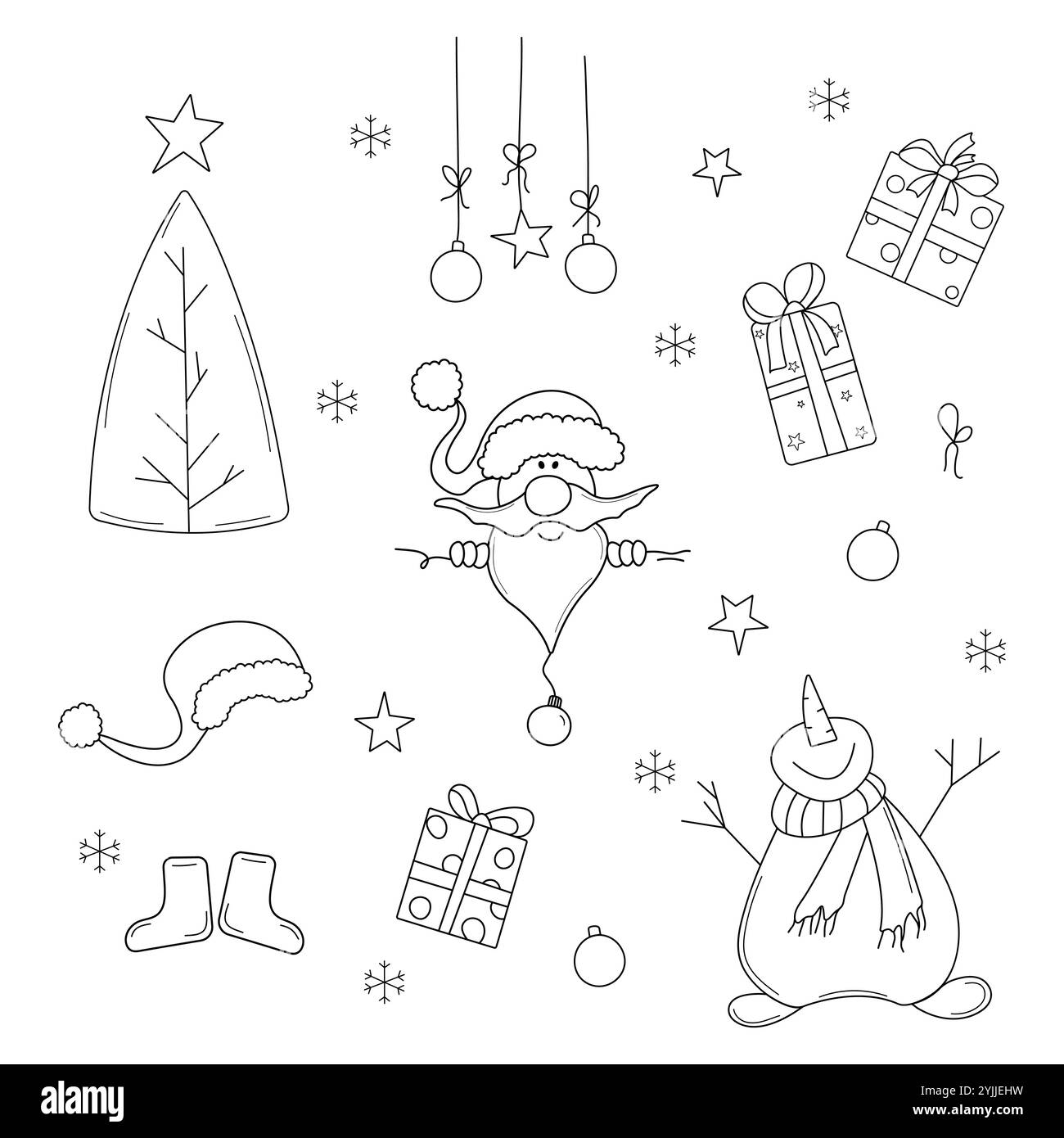 Ensemble doodle de Noël. Arbre de Noël, père noël, bonhomme de neige, jouets d'arbre, boîte cadeau. Illustration vectorielle. Illustration de Vecteur