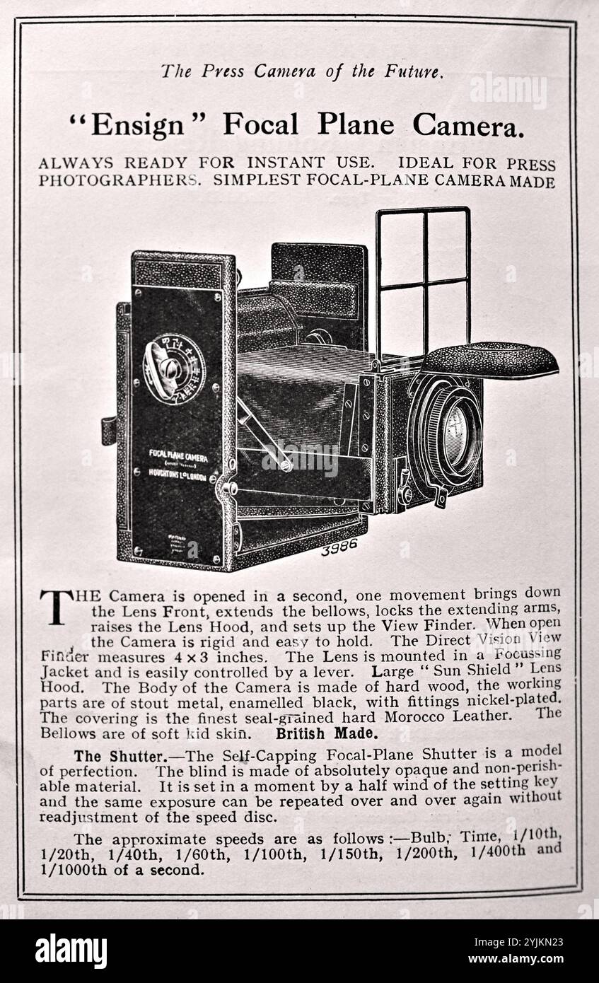 L'Ensign Focal plane Camera, 'Press Camera of the future', publicité vintage de 1916. Ensign était le plus grand producteur de caméras en Grande-Bretagne dans les années 1920 et 1930 Banque D'Images