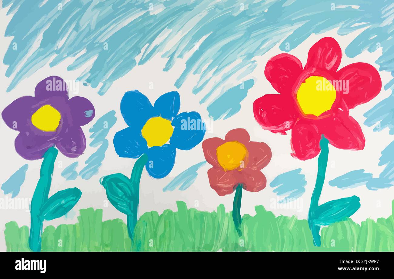 Peinture d'enfant colorée avec des fleurs vibrantes poussant dans un champ d'herbe verte sous un ciel bleu vif, évoquant la joie et la créativité Banque D'Images