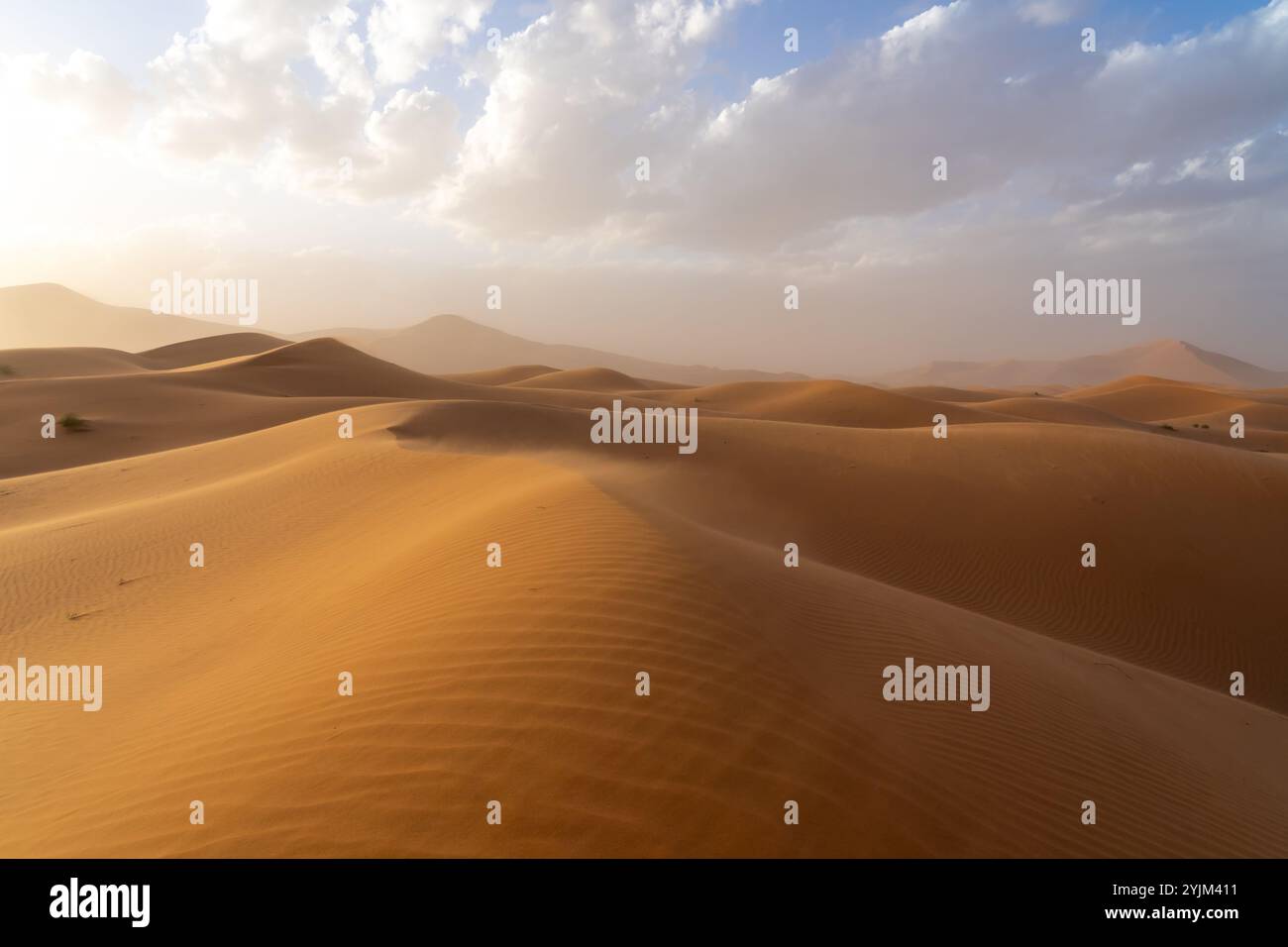 Vent soufflant le sable dans le désert du Sahara, Maroc, Afrique. Banque D'Images