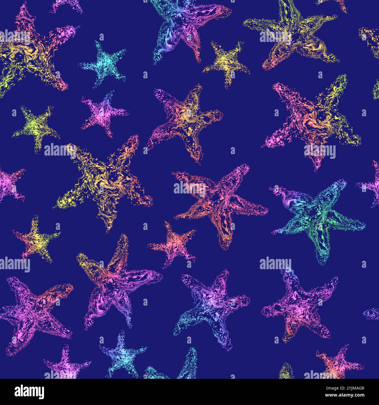 Motif étoile de mer coloré sur fond sombre, avec des textures vibrantes et tourbillonnantes. Pour les designs sur le thème de l'été, les vêtements de plage, les accessoires et la décoration intérieure Banque D'Images