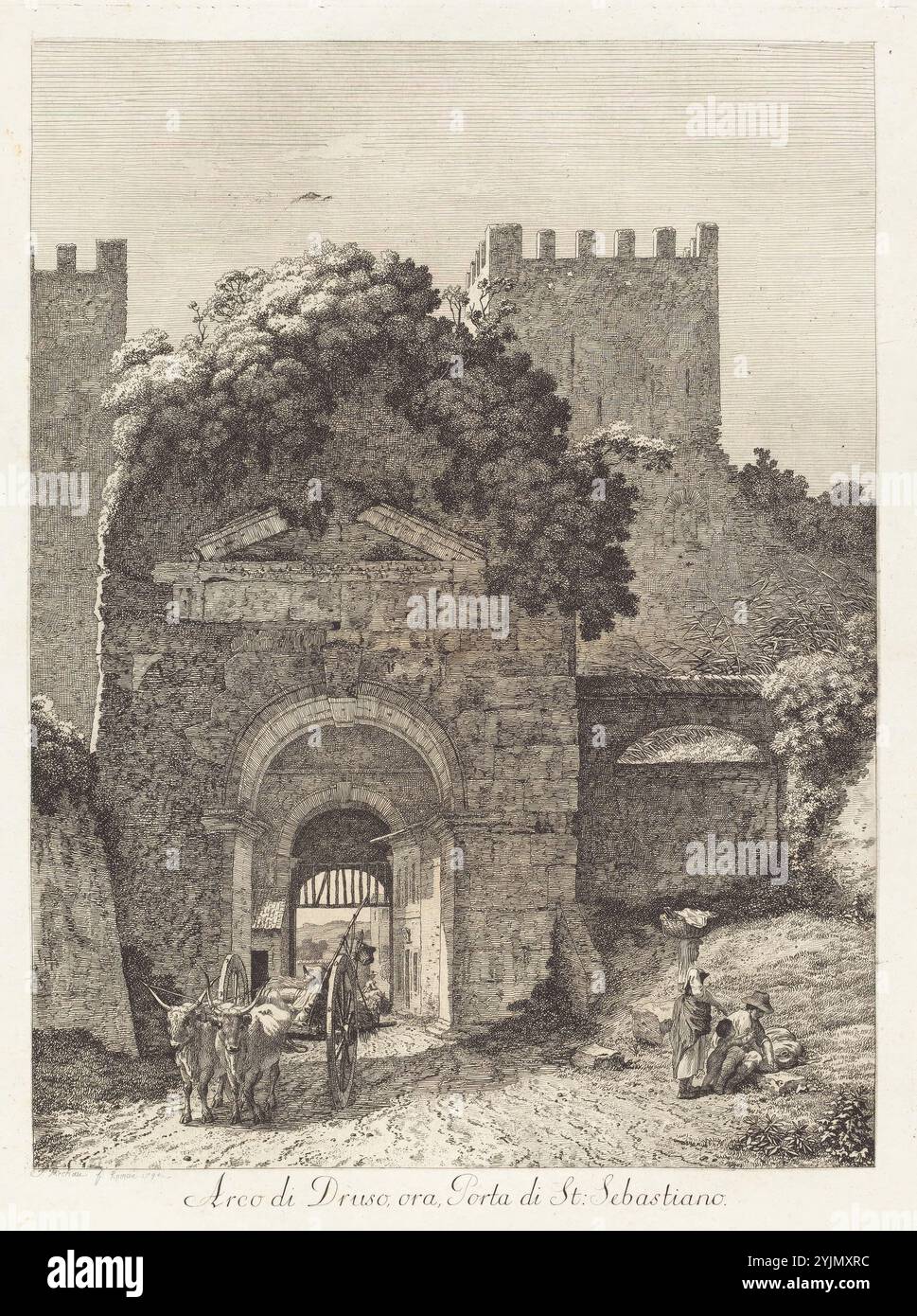 Jacob Wilhelm Mechau artiste allemand, 1745 - 1808, Arco di Druso, ora porta di San Sebastiano, 1794, Collection ou suite de vues Pittoresques de l'Italie (planche 9), gravure sur papier déposé, planche : 38,2 x 28,5 cm (15 1, 16 x 11 1, 4 in.), feuille : 49,2 x 38 cm (19 3, 8 x 14 15, 16 in Banque D'Images