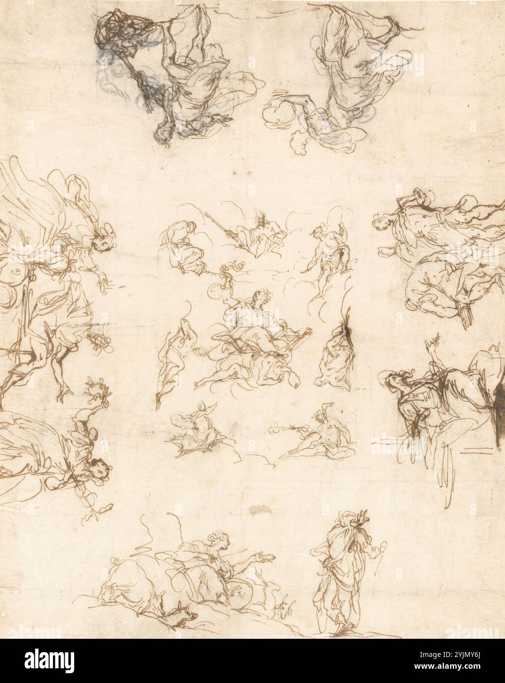 Alessandro Maganza, vénitien, 1556 - 1640, plafond compartimenté avec allégories et mythes, fin des années 1580, plume et encre brune sur craie noire claire et craie noire lourde (posée sur une feuille d'album vénitien du XVIIIe siècle), total : 35,5 × 27,3 cm (14 × 10 3, 4 po Banque D'Images