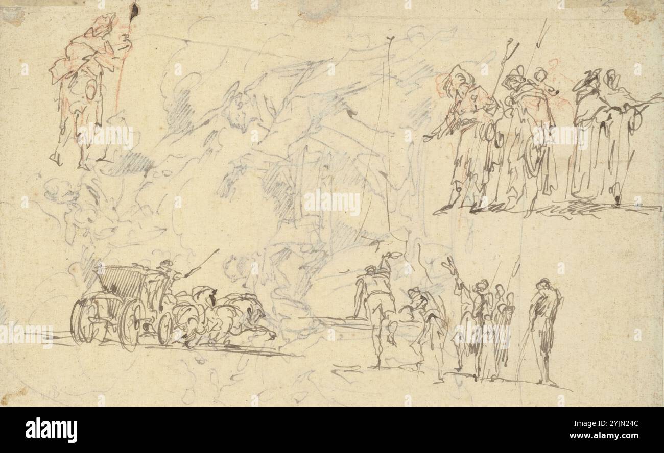 Gaspare Diziani, vénitien, 1689 - 1767, études de figures et chariot tiré par des chevaux (recto), début du XVIIIe siècle, plume et encre brune avec des traces de craie rouge sur papier déposé, feuille : 18,2 × 26,6 cm (7 3, 16 × 10 1, 2 in.), monture : 22,4 × 31 cm (8 13, 16 × 12 3, 16 po Banque D'Images