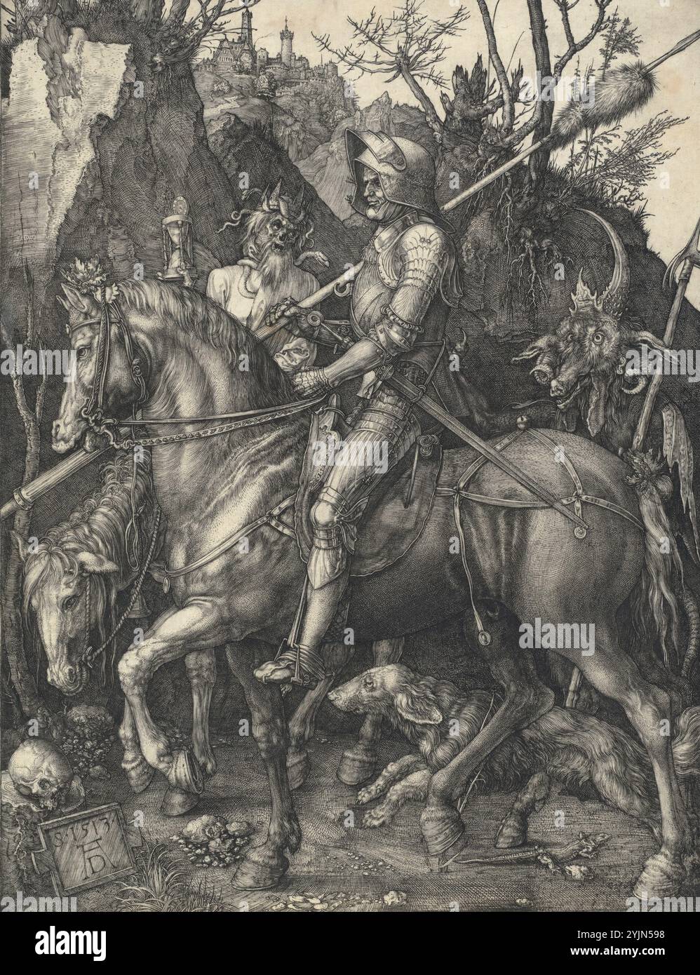 Albrecht Dürer, Allemand, 1471 - 1528, Chevalier, mort et diable, 1513, gravure, feuille (rognée à la marque de la plaque) : 24,8 x 10,1 cm (9 3, 4 x 4 po.), Meder, no. 74, État a ou avant Banque D'Images