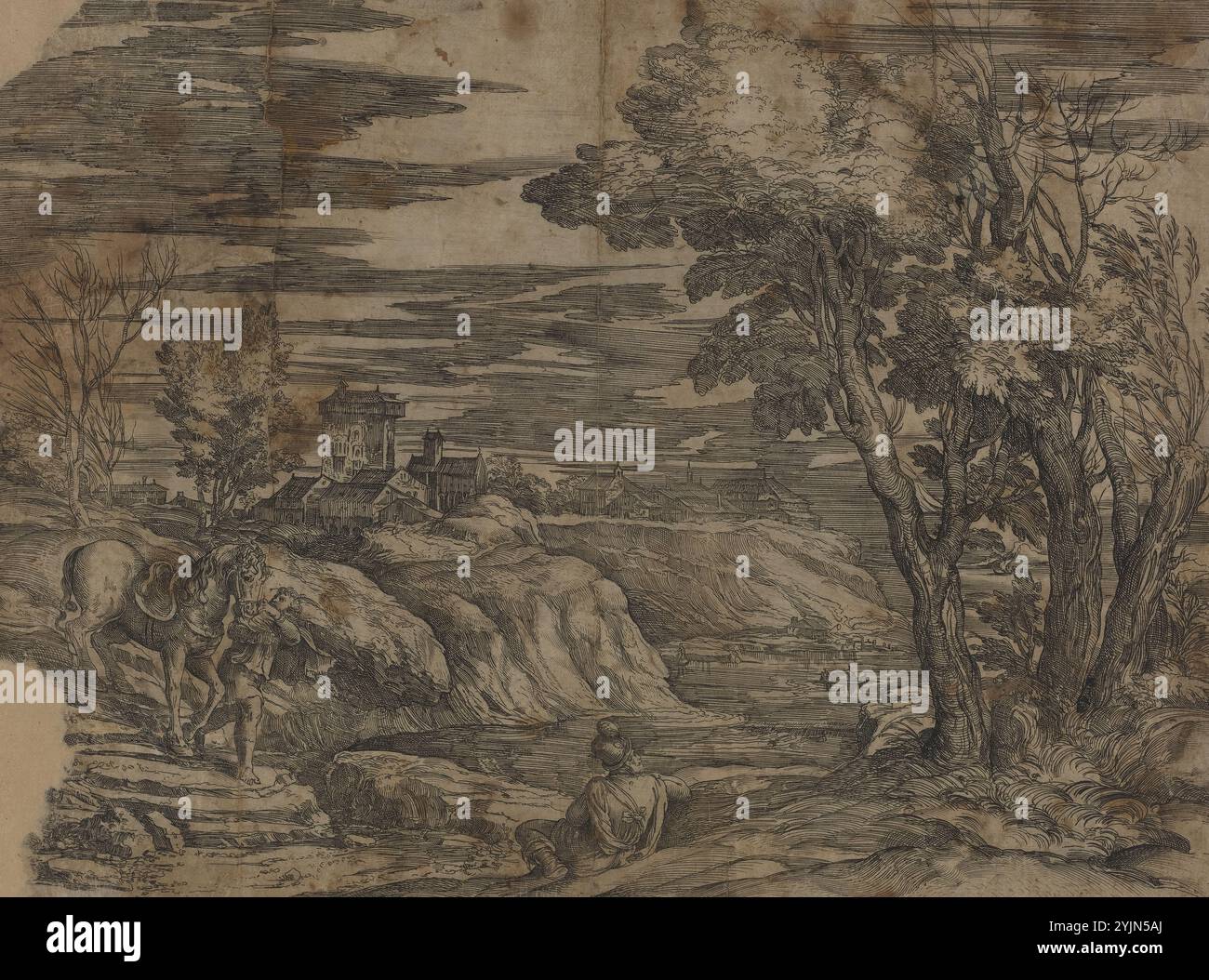 Titien, vénitien, 1488, 1490 - 1576, paysage avec un homme menant un cheval, gravure sur papier versé, Bartsch, vol. 16, p.101, no. 8, État (comme Titien), Battista Franco, vénitien, probablement 1498 - 1561 Banque D'Images