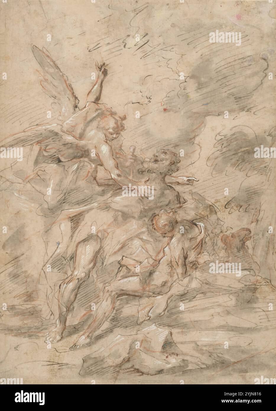 Gaspare Diziani, vénitien, 1689 - 1767, le sacrifice d'Isaac, c. 1755, pointe du pinceau avec de l'encre grise sur de la craie rouge, lavis gris, renforcé avec de la plume et de l'encre grise et brune, rehaussé avec de la gouache blanche, feuille : 39,6 × 28,6 cm (15 9, 16 × 11 1, 4 po Banque D'Images