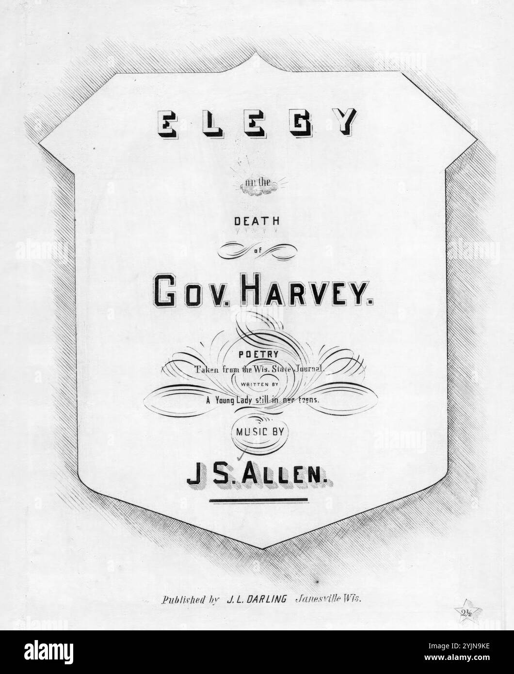 Elegy on the Death of Gov. Harvey, Allen, J. S. (compositeur), A Young Lady (compositeur), J. L. Darling, Janesville, 1862., États-Unis, histoire, Guerre civile, 1861-1865, chansons et musique, poésie élégiaque, chansons et musique, musique funéraire, Harvey, Louis Powell, 1820-1862, mort et sépulture, chansons et musique, chansons, textes, contes, États-Unis, musique vocale, Wisconsin, histoire, Guerre civile, 1861-1865, chansons et musique, gouverneurs, Wisconsin, chansons et musique, chansons populaires du jour, chansons et musique, Guerre et conflits, Guerre civile et reconstruction (1861-1877), musique associée au côté de l'Union, feuille Banque D'Images