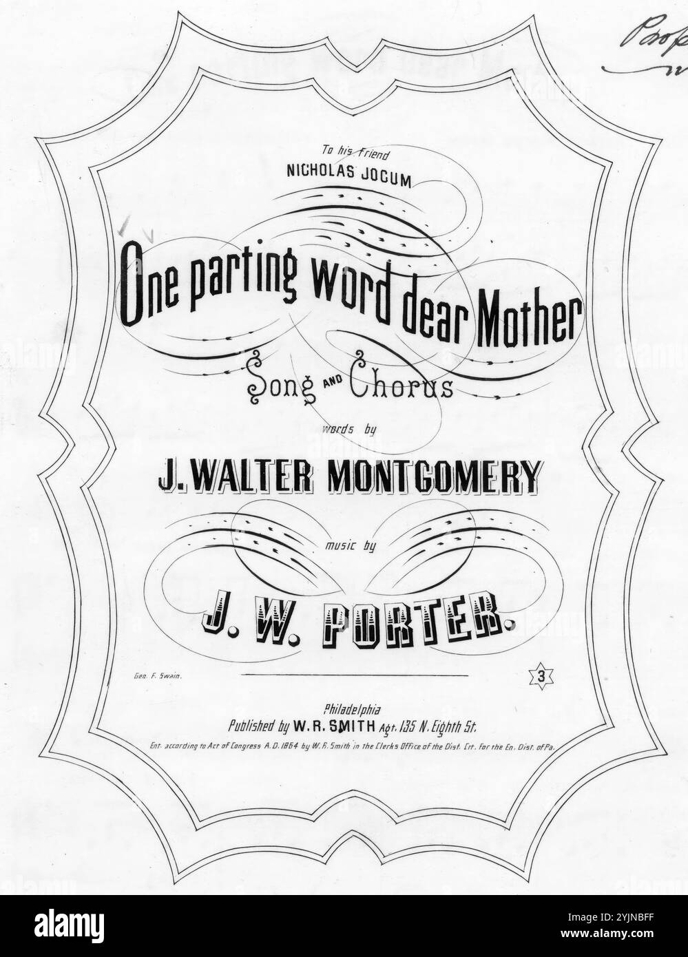 Un mot de séparation chère mère, porter, J. W. (compositeur), Montgomery, J. Walter (parolier), W. R. Smith, Philadelphie, 1864., États-Unis, histoire, guerre civile, 1861-1865, chansons et musique, Chorus, laïque (voix mixtes, 4 parties) avec piano, États-Unis, histoire, Guerre civile, 1861-1865, victimes, chansons et musique, mères et fils, États-Unis, chansons et musique, chansons populaires du jour, chansons et musique, Guerre et conflits, Guerre civile et reconstruction (1861-1877), musique associée au côté de l'Union, partitions Banque D'Images