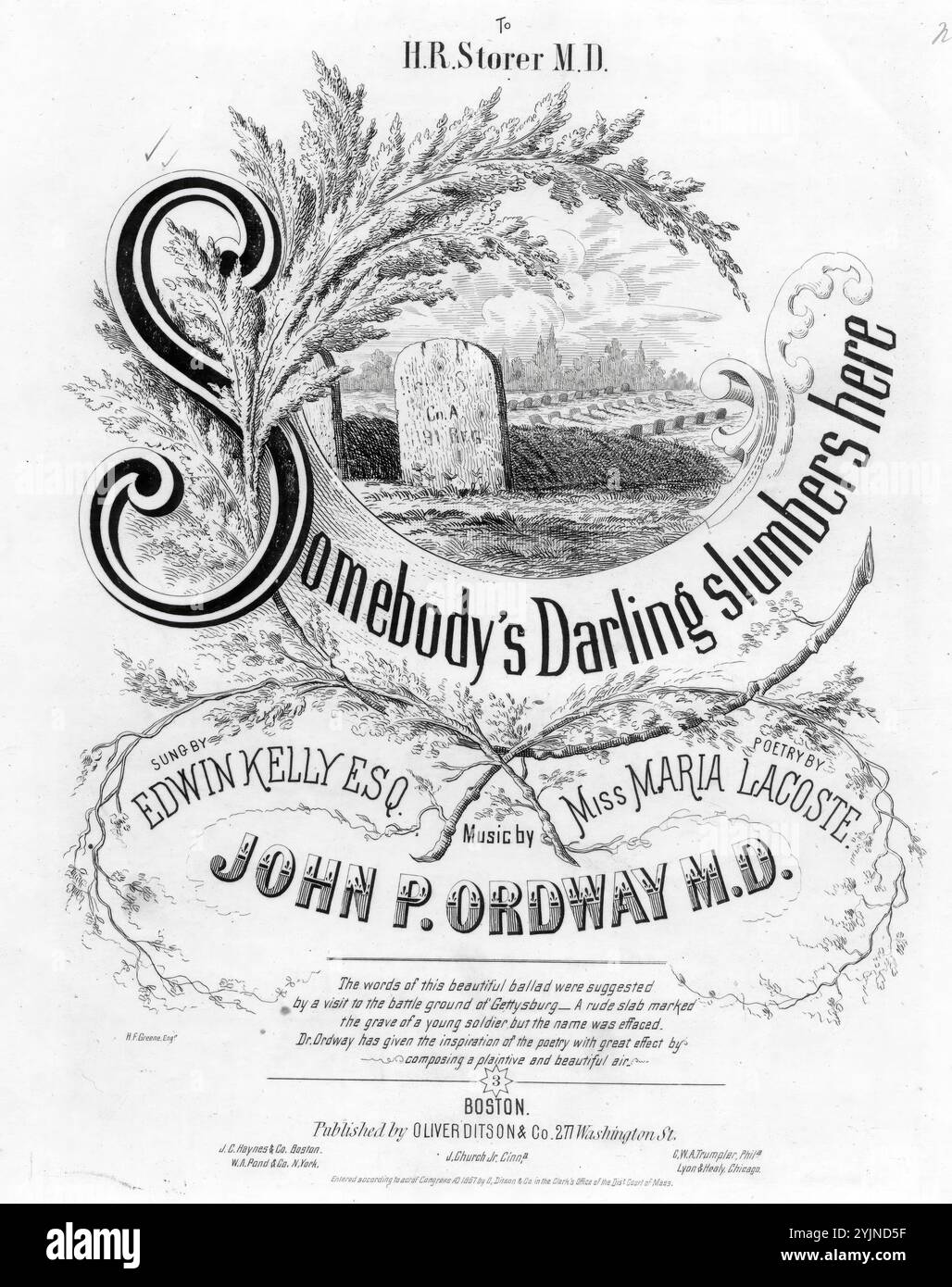 Somebody's Darling Slumbers Here, Ordway, John P. (compositeur), Lacoste, Maria (parolier), Oliver Ditson & Co, Boston, 1867., États-Unis, histoire, guerre civile, 1861-1865, chansons et musique, musique commémorative, chansons avec piano, États-Unis, histoire, Guerre de Sécession, 1861-1865, pertes, chansons et musique, chansons populaires du jour, chansons et musique, Guerre et conflits, Guerre civile et reconstruction (1861-1877), musique associée au côté de l'Union, partitions Banque D'Images