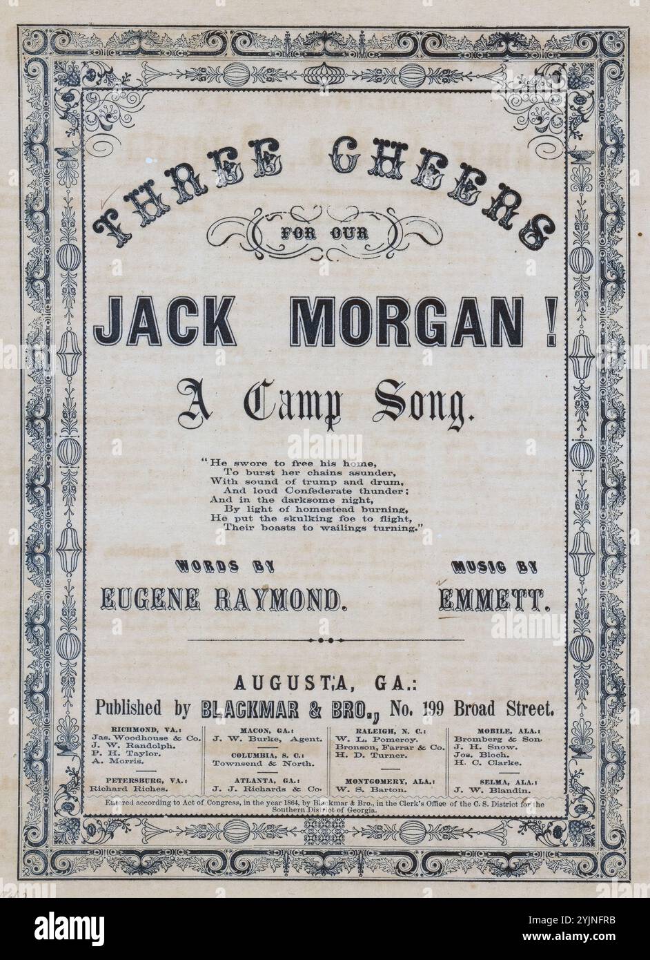 Trois acclamations pour notre Jack Morgan, Emmett, (compositeur), Raymond, Eugene (parolier), Blackmar & Bro., Augusta, 1864., États-Unis, histoire, guerre civile, 1861-1865, chansons et musique, Morgan, John Hunt, 1825-1864, chants et musique, États confédérés d'Amérique. Armée. Morgan's Cavalry Division, chansons et musique, chansons (voix moyenne) avec piano, chansons populaires du jour, chansons et musique, Guerre et conflit, Guerre civile et reconstruction (1861-1877), musique associée au côté confédéré, partitions Banque D'Images