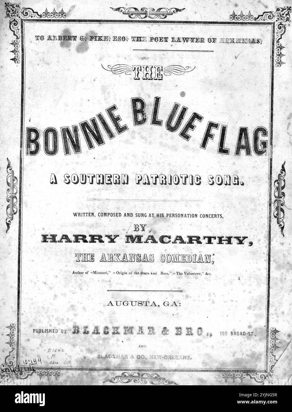 Le drapeau bleu de Bonnie, Macarthy, Harry (compositeur), Blackmar & Bro., Augusta, 1861., États-Unis, histoire, Guerre civile, 1861-1865, chansons et musique, drapeaux, États confédérés d'Amérique, chansons et musique, chansons avec piano, Choruses, laïque (voix mixtes, 2 parties) avec piano, partitions, catalogues, États confédérés d'Amérique, chansons et musique, chansons populaires du jour, chansons et musique, Guerre et conflit, Guerre civile et reconstruction (1861-1877), musique associée au côté confédéré, partitions Banque D'Images