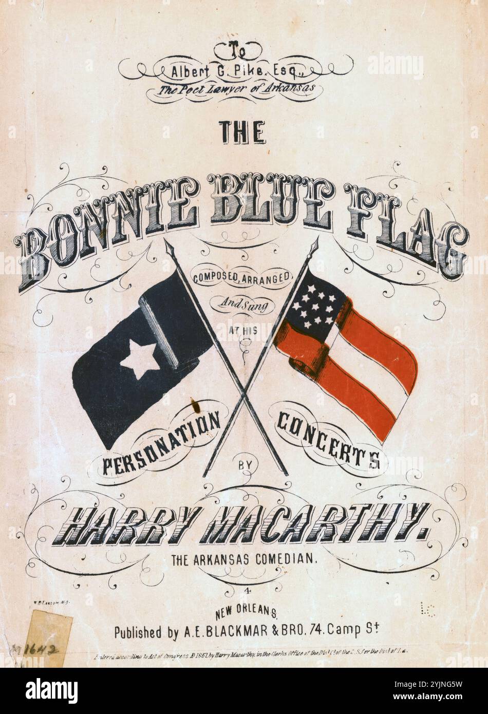 The Bonnie Blue flag, Macarthy, Harry (compositeur), A. E. Blackmar & Bro., Nouvelle-Orléans, 1861., États-Unis, histoire, guerre civile, 1861-1865, chansons et musique, drapeaux, États confédérés d'Amérique, chansons et musique, chansons avec piano, Chorus, laïque (voix mixtes, 2 parties) avec piano, États confédérés d'Amérique, chansons et musique, chansons populaires du jour, chansons et musique, Guerre et conflit, Guerre civile et reconstruction (1861-1877), musique associée au côté confédéré, partitions Banque D'Images