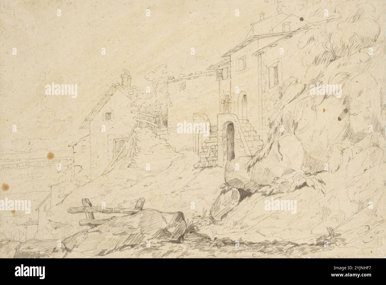 Ekman, Robert Wilhelm, maison de campagne italienne, à gauche une plaine avec une montagne en arrière-plan, dessin, 19 cm x 26 cm Banque D'Images