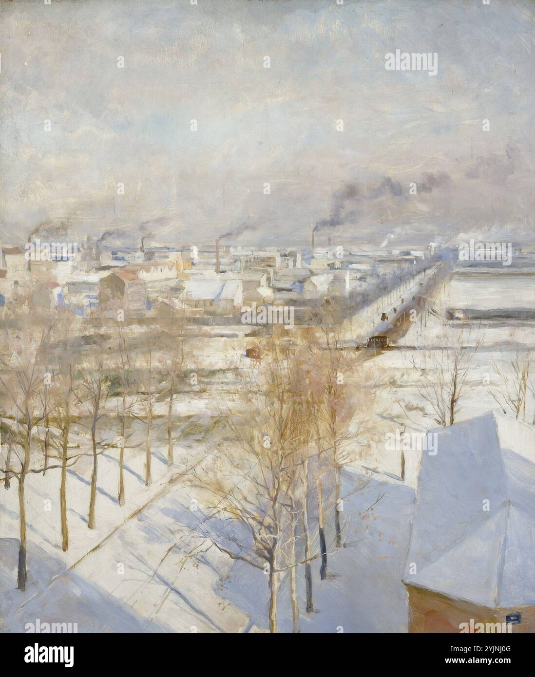 Edelfelt, Albert, travail, neige à Paris, 1887, huile sur bois, peinture, PAYSAGE BÂTI, PAYSAGE urbain, Paris, France, hiver, neige, cheminées, rue, 46 cm x 37 cm, 03,1993 Banque D'Images