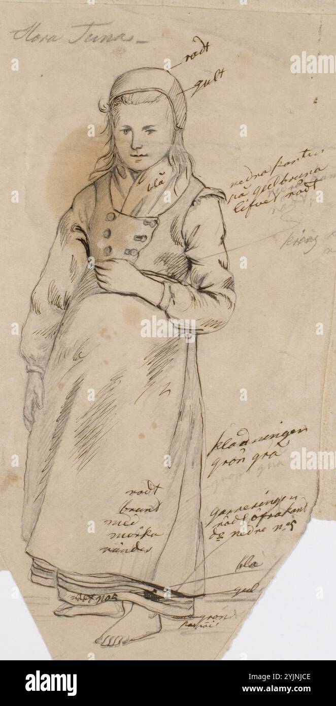 Ekman, Robert Wilhelm, travail, 'Mora Tuna', paysanne debout en costume national, dessin, 24 cm x 12 cm Banque D'Images