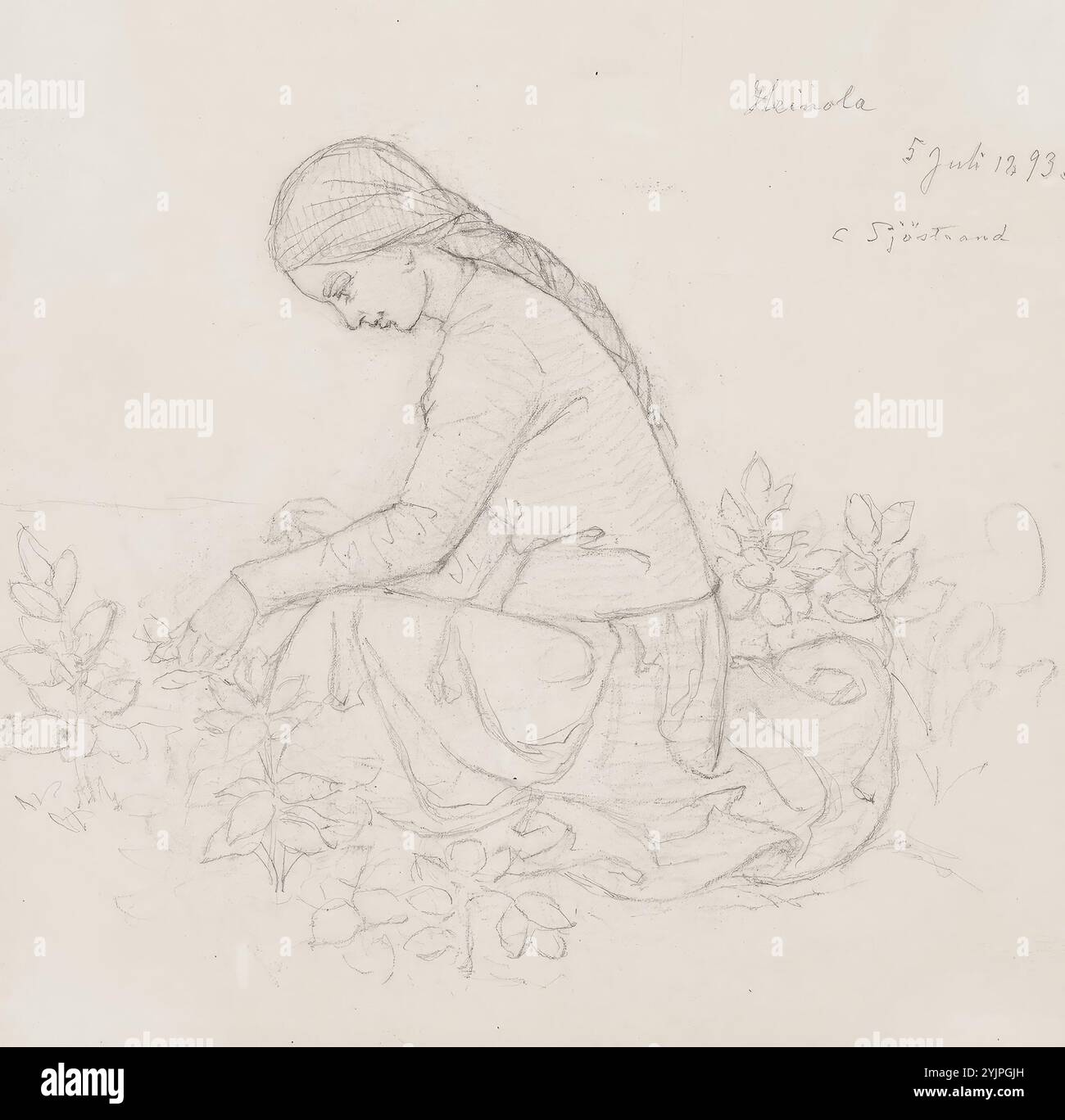 Sjöstrand, Carl Eneas, travail, fille dans le jardin, 1893, dessin, PORTRAIT, fille, terrain de jardin, vue latérale, Heinola, 20 cm x 19,5 cm Banque D'Images