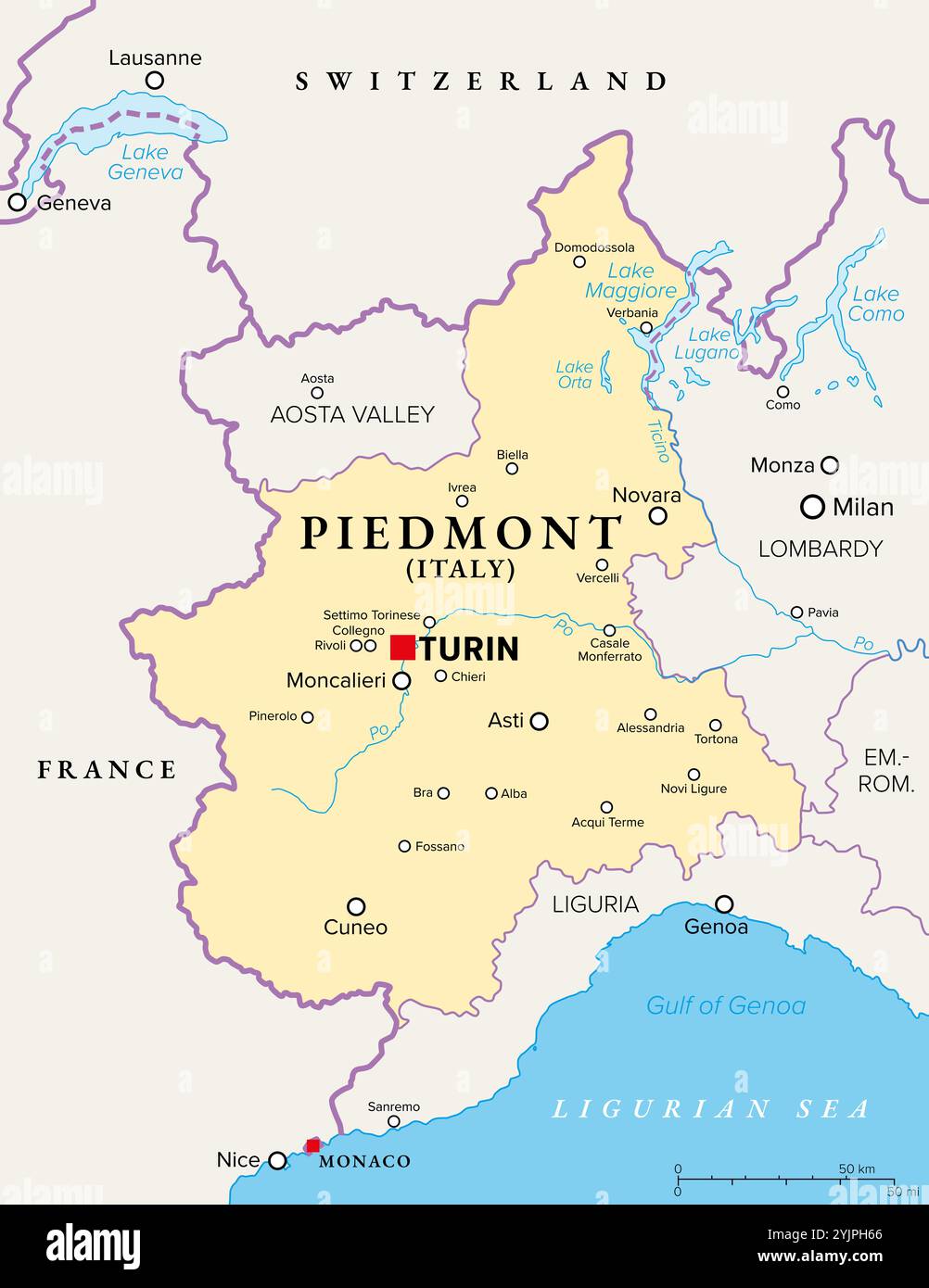 Région du Piémont dans le nord-ouest de l'Italie, carte politique. Deuxième plus grande région italienne avec la capitale Turin. Banque D'Images