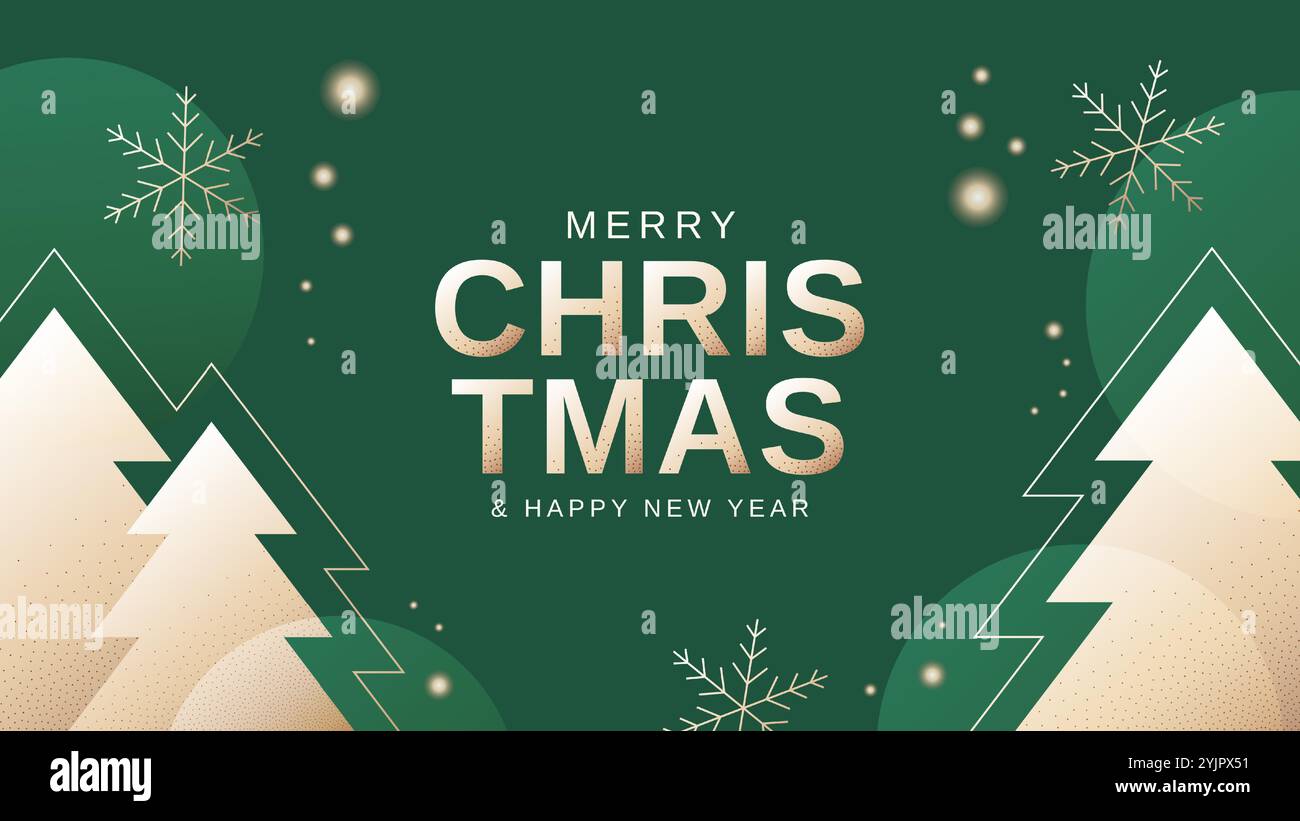 Bannière de Noël moderne avec texte doré, flocons de neige et arbres de noël sur fond vert. Illustration vectorielle Illustration de Vecteur