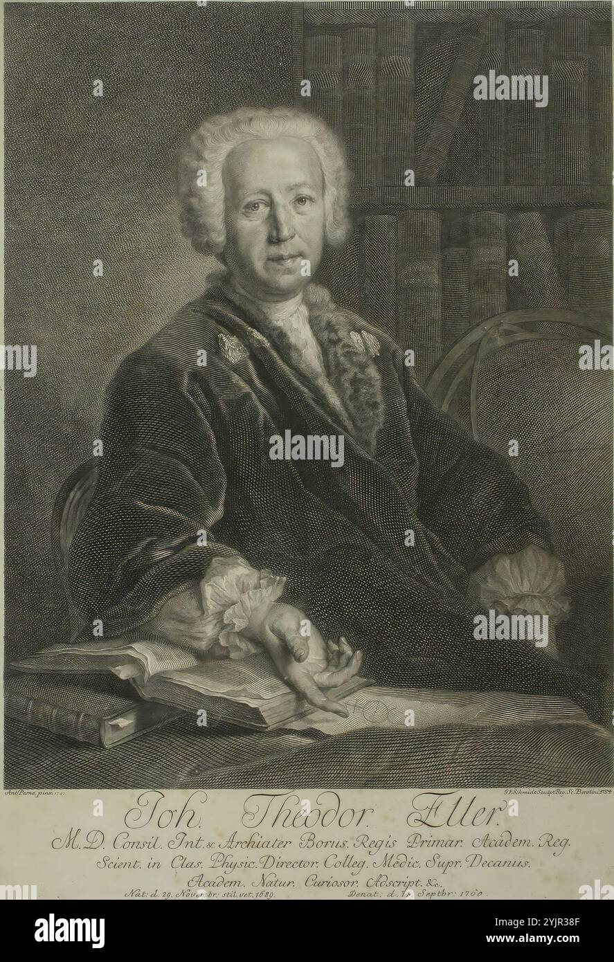 Schmidt, Georg Friedrich, inventeur : selon Antoine Pesne, nom de l'œuvre : Joh. Theodor Eller, 1754, gravure sur cuivre, graphiques, largeur de plaque 27, 2 cm, hauteur de plaque 38,3 cm, largeur de lame 30 cm, hauteur de lame 40,3 cm, largeur d'image 25,5 cm, hauteur d'image 32,9 cm Banque D'Images