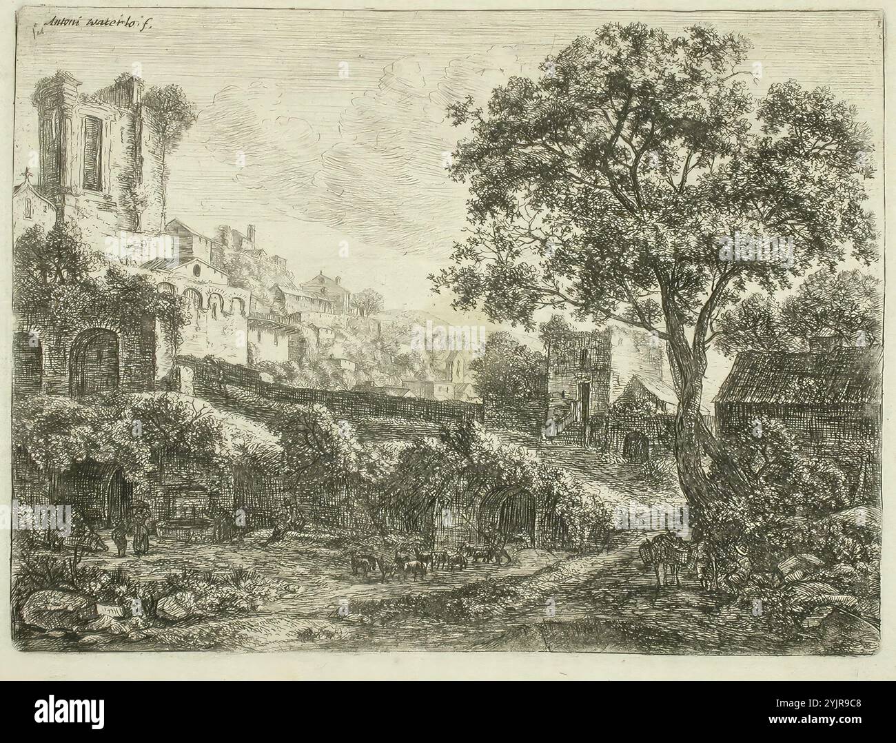 Waterloo, Antonie, travail, ville ruinée, (1000 - 2000), gravure, graphique, 15,4 cm x 20,8 cm Banque D'Images