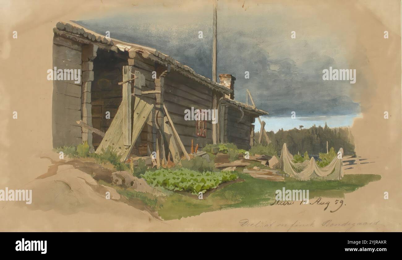 Holmberg, Werner, travail, Talonpoikaistalo, 1859, aquarelle, peinture, ARCHITECTURE, bâtiment paysan, terrain de jardin, lac, séchage des filets, gorge, jupe, 23 cm x 38,5 cm Banque D'Images