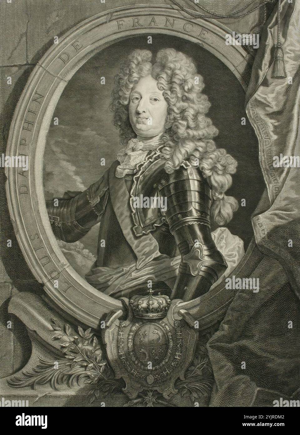 Drevet, Pierre, oeuvre, Louis, héritier de la couronne de France, 1712, gravure sur cuivre, graphisme, largeur de plaque 34,5 cm, hauteur de plaque 47 cm, largeur de feuille 48,5 cm, hauteur de feuille 62,6 cm Banque D'Images
