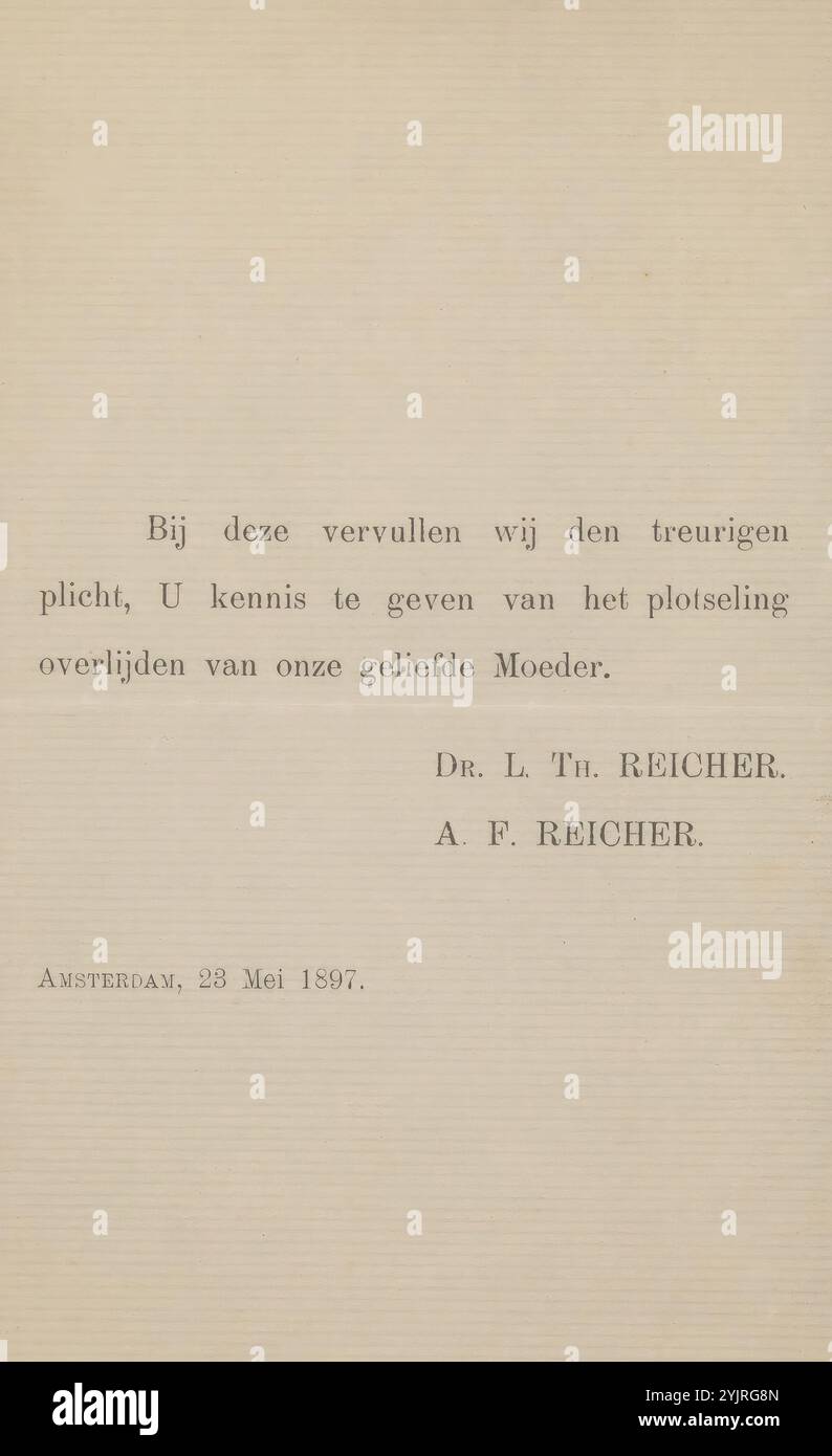 Avis de décès de Philip Zilcken, nécrologie, imprimeur : anonyme, 23 mai 1897, papier, imprimerie, Philip Zilcken, Albrecht Felix Reicher Banque D'Images