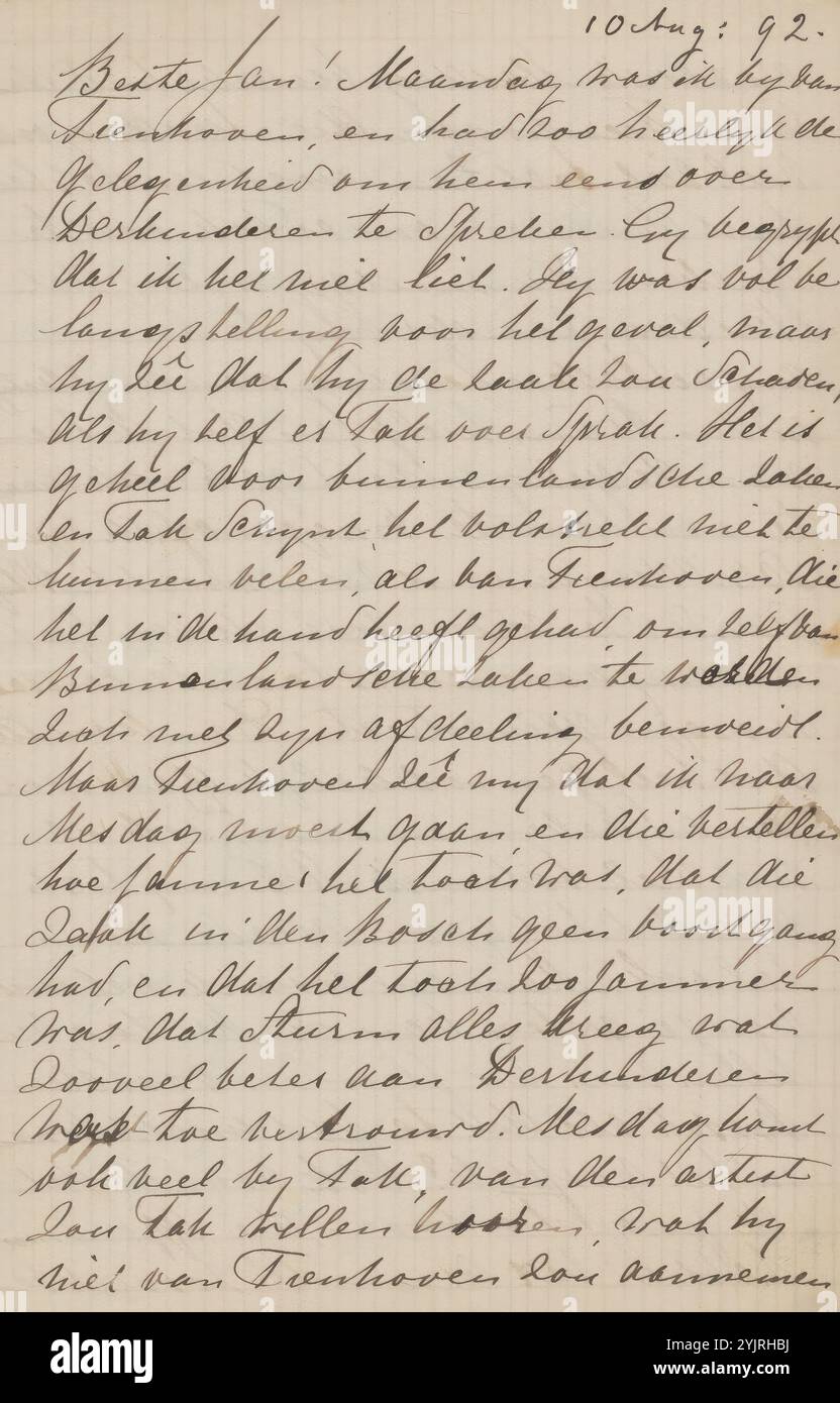 Lettre à Jan Veth, écrivain : Jacoba Cornelia Jolles-Singels, 10 août 1892, encre papier à carreaux, écriture, stylo, objet, 's-Hertogenbosch, Jan Veth, Gijsbert van Tienhoven, Antoon Derkinderen, Johannes Pieter Roetert Tak van Poortvliet, Hendrik Willem Mesdag, Georg Sturm Banque D'Images