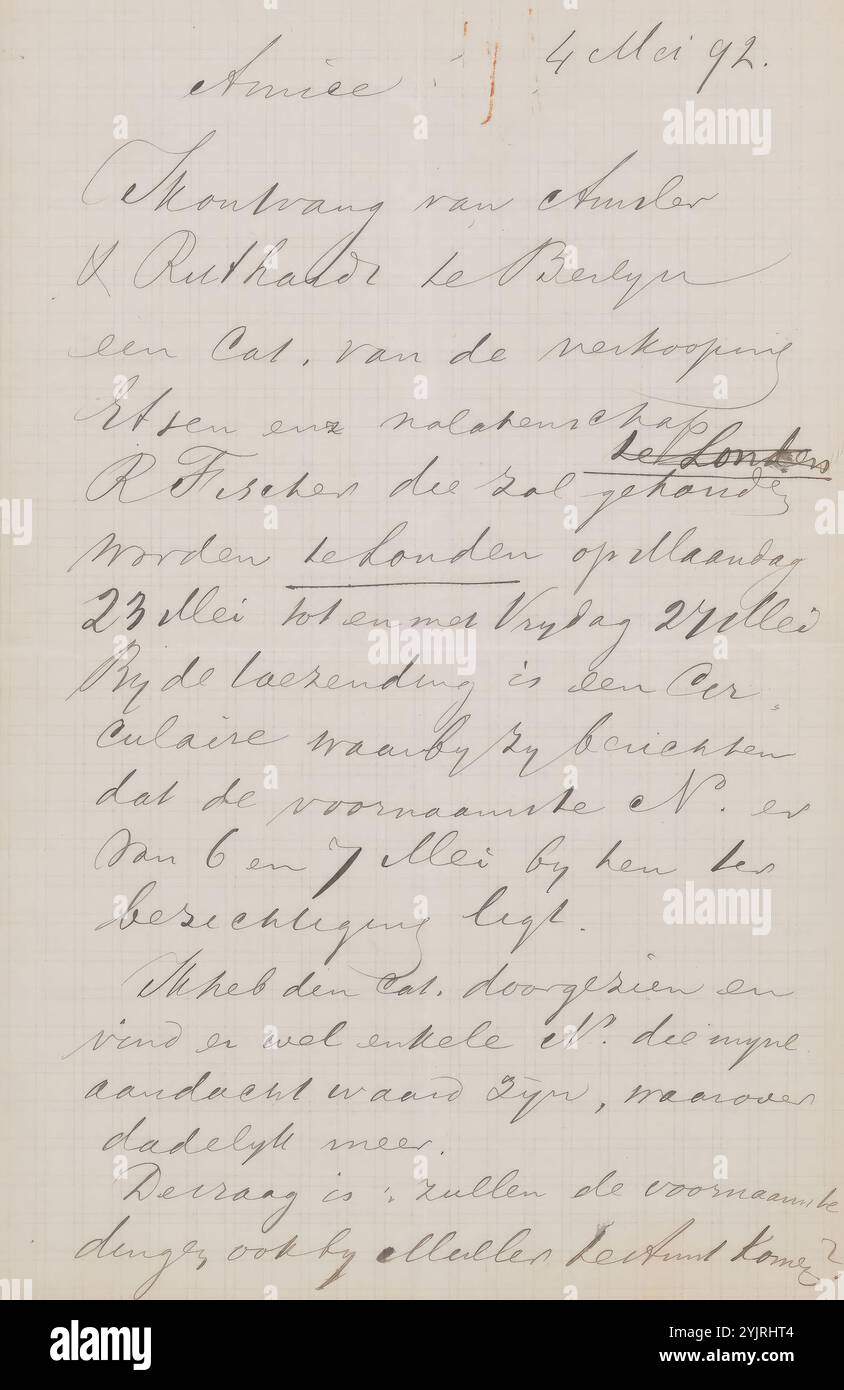 Lettre à Jan Veth, écrivain : M.C. Lebret, 4 mai 1892, encre papier damier, écriture, stylo, commerce d'art, boutique d'art, collection d'art, les arts graphiques, la peinture (y compris l'illumination du livre, la peinture miniature), Londres, Amsterdam, Paris, Jan Veth, vente aux enchères Amsler & Rüthardt, R. Fischer, Frederik Muller & Co., Rembrandt van Rijn, Daniël Dupré, Willem Maris, Dordrechts, Roland Larij Banque D'Images