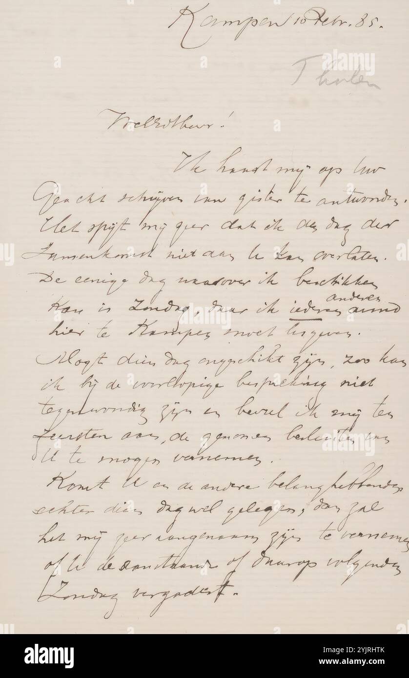 Lettre à Jan Veth, écrivain : Willem Bastiaan Tholen, Kampen, 10 février 1885, encre papier, écriture, Pen, sujet, Kampen, Jan Veth Banque D'Images