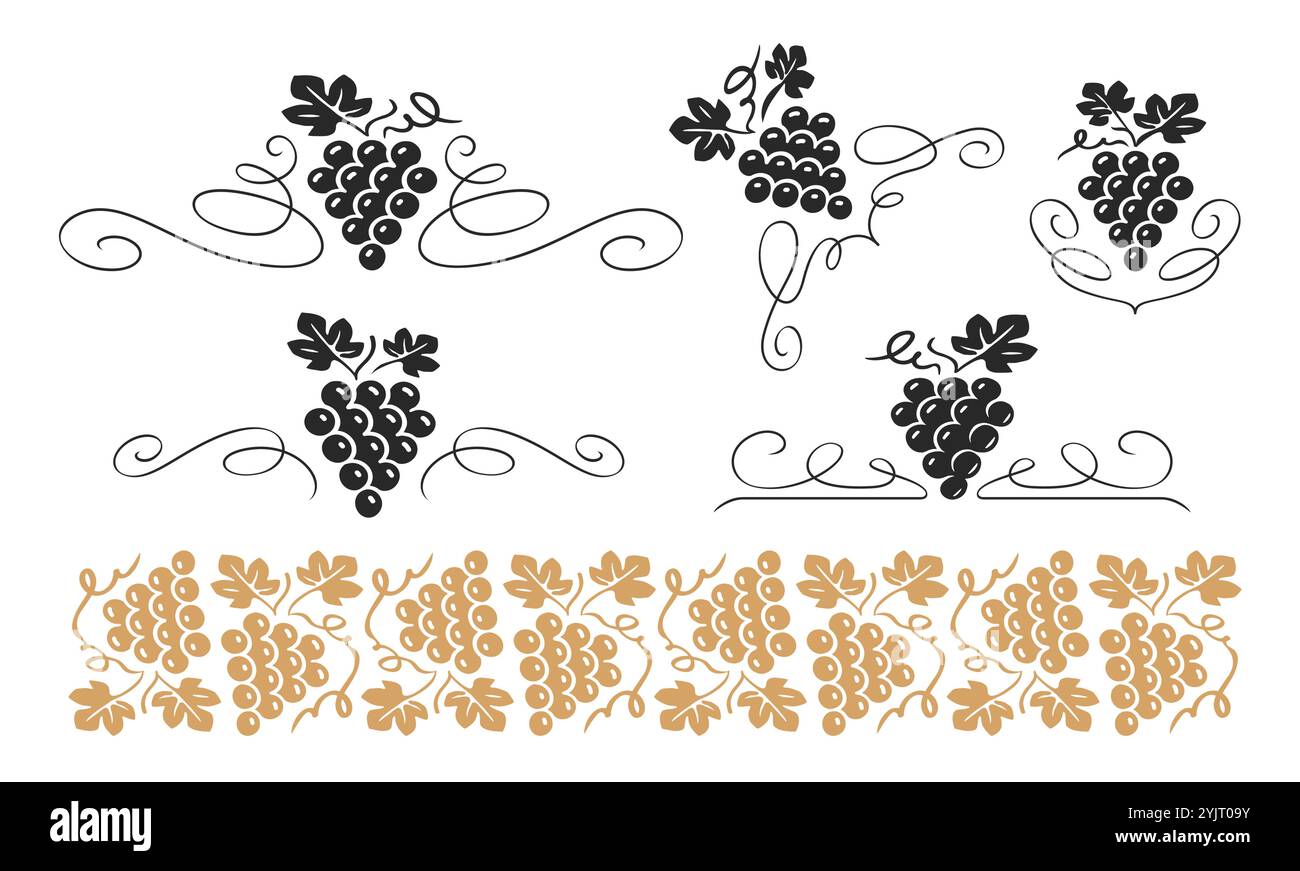 Concept raisin. Illustration vectorielle de motif de vigne. Séparateurs de vigne, ensemble d'éléments de conception de coin Illustration de Vecteur