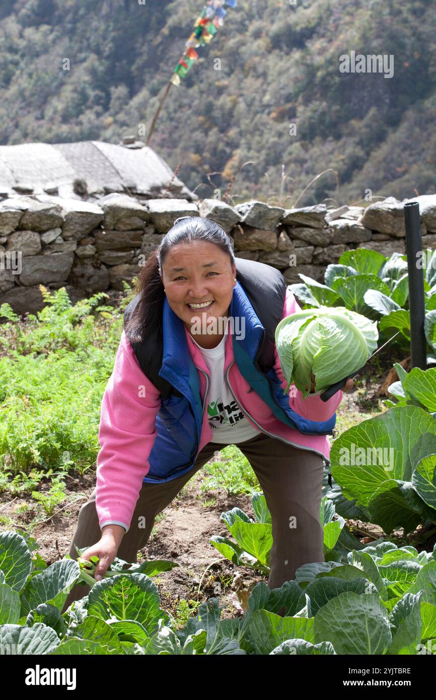 Octobre 2009 WWF Everest -Namche tue - Ang Maya Sherpa in Thammo Village - quelle a été son expérience de 1985 ce qu'elle a vu. ? Elle avait 14 ans. A Banque D'Images