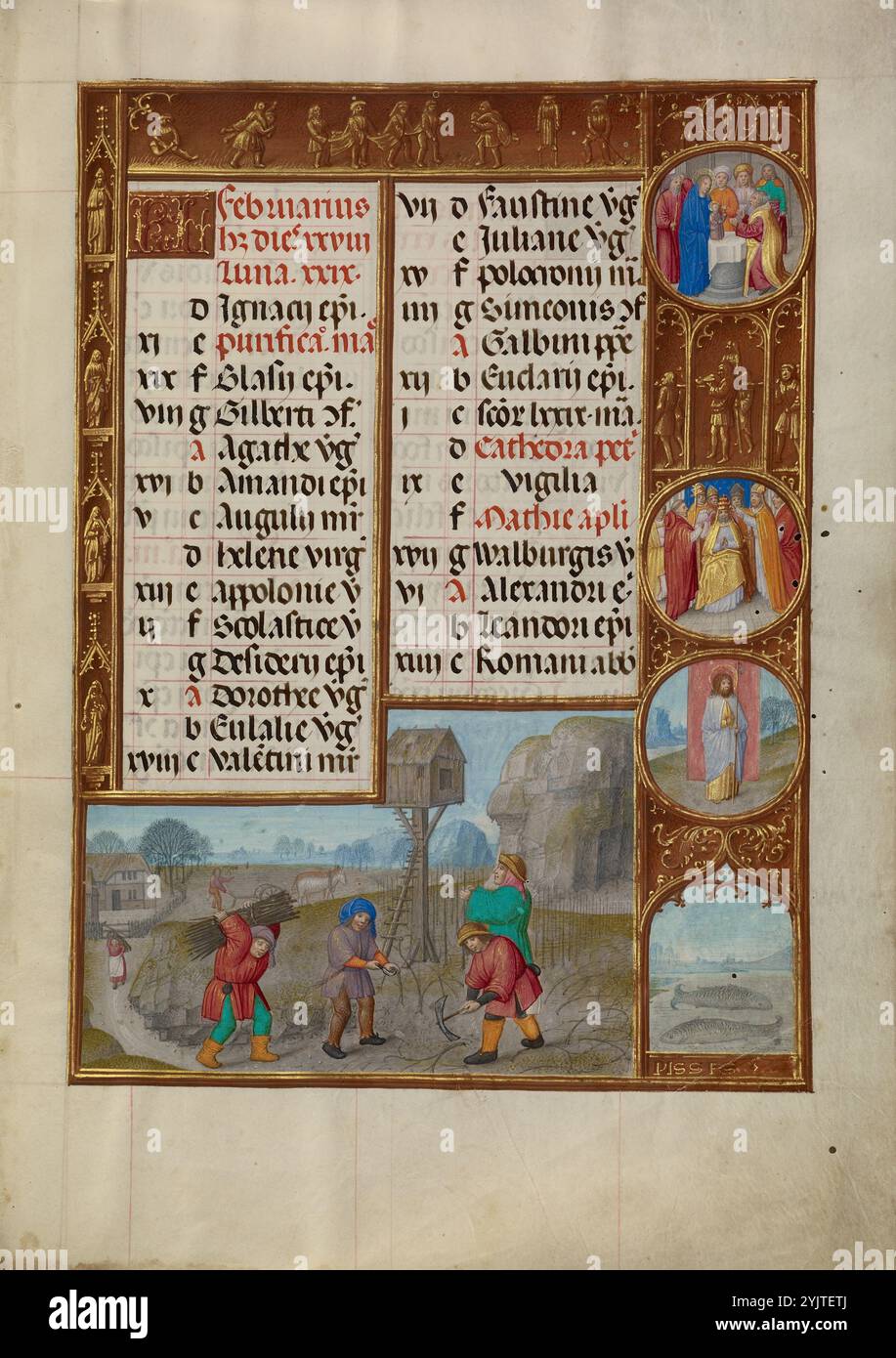 Page du calendrier de février : travailler dans un vignoble : poissons ; heures de Spinola, vers 1510-1520. Informations supplémentaires : la plupart des livres d'heures ouvrent avec un calendrier de la succession des fêtes de l'église, énumérant les jours des saints et autres jours de fête en noir et distinguant les plus importants en rouge. Les pages de calendrier des heures de Spinola sont particulièrement somptueuses, combinant une frise en monochrome, des scènes en ronds, un paysage présentant une activité associée au mois, appelée le travail du mois, en bas, et un signe zodiacal. Le calendrier est la seule partie d'un livre d'heures décoré principalement avec la laïcité Banque D'Images
