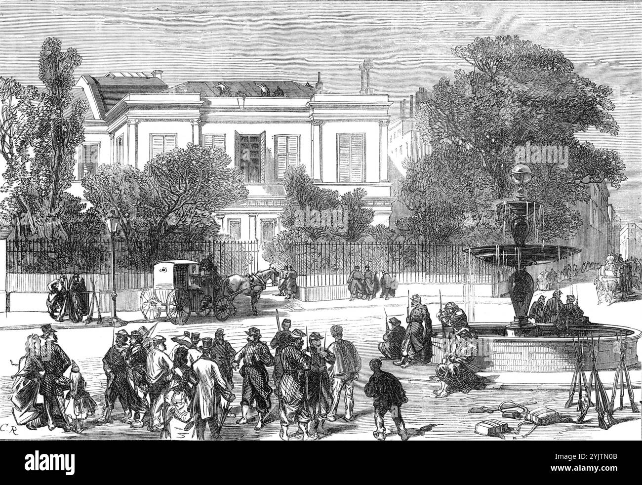 Maison de M. Thiers, place constituée Georges, Paris, 1871. 'Le règne communiste à Paris... la maison privée du [président] Thiers... a été démolie par cet aimable parti politique français. Notre artiste spécial à Paris apporte une vue de ce manoir, avec les gardes nationaux avant lui, quand le travail de désagrément sans scrupules a commencé...il était situé dans le faubourg Montmartre...la place parfaite Georges est un petit espace circulaire, avec une fontaine surmontée d'une lampe au centre...la maison a été abattue, par un arrêté de la commune, et le mobilier de M. Thiers a été vendu aux enchères. Le Banque D'Images