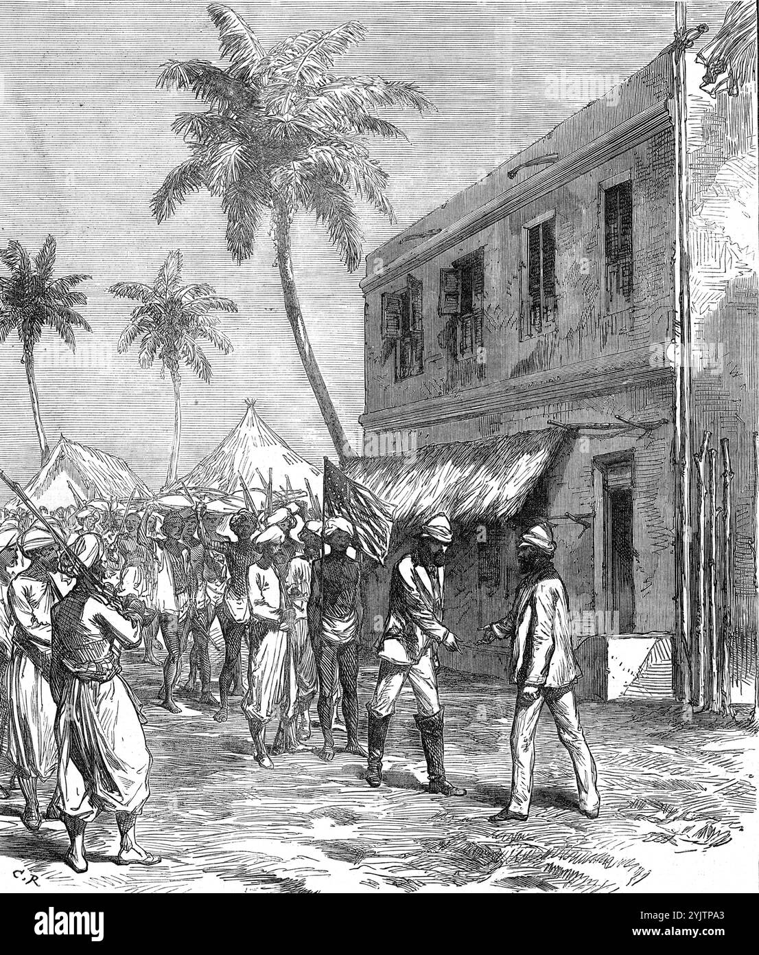 Le constat de Dr Livingstone : retour de M. Stanley à Bagamoyo, d'après un croquis de Lt. Henn, 1872. « Il semble que M. Stanley, [correspondant spécial du New York Herald]... ait été envoyé... pour trouver le Dr Livingstone, sans instructions mais qu'il devrait "avoir un crédit illimité pour mener à bien ses propres plans et utiliser ses propres moyens. » M. Stanley a fait son travail admirablement bien. Il a souffert terriblement de fièvre en faisant une marche forcée à travers les plaines inondées à son retour d'Ugogo à la côte pendant la saison des pluies. C’est à Bagamoyo, un port en face de l’île de Zanzibar, que Banque D'Images