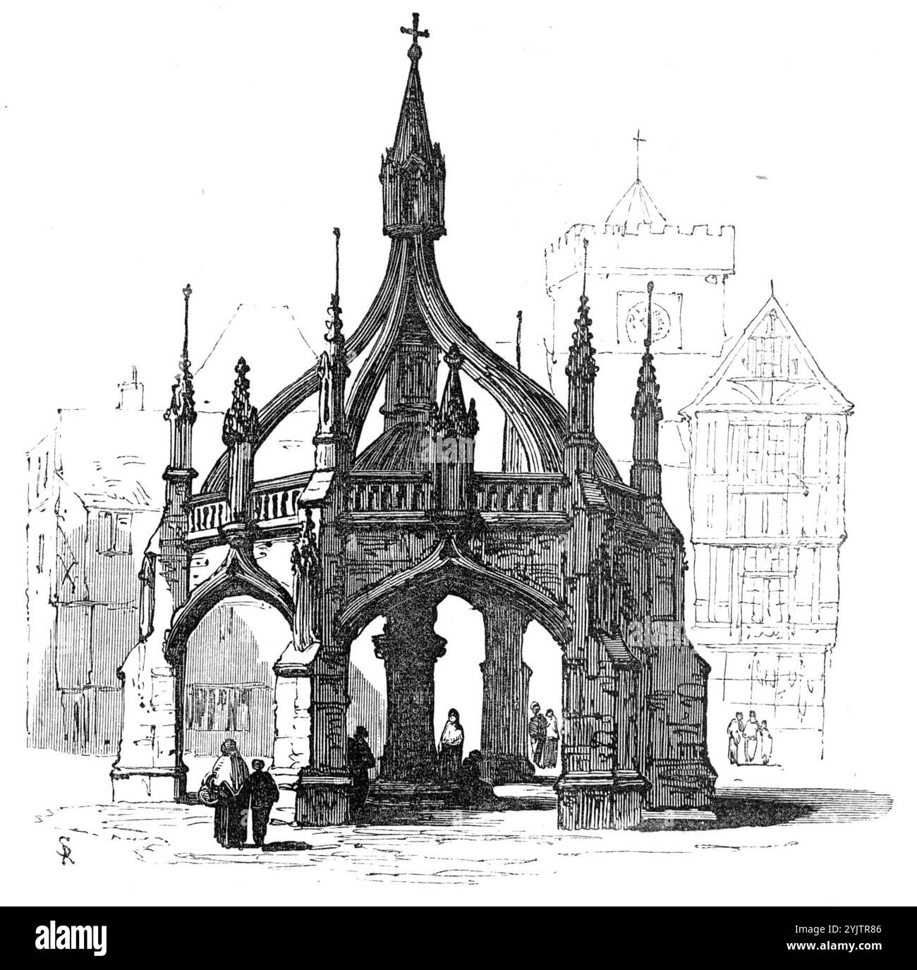 Market Cross, Salisbury, 1872. '...la Croix de marché, ou Croix de volaille, comme on l'appelait, de la vente de volailles en dessous, est une structure très curieuse. C'est l'une des trois croix qui existaient autrefois dans la ville. Mais celui-ci aurait été construit comme une pénitence, à la demande de l'évêque de Salisbury, par Sir John de Montacute, neveu du comte de Salisbury à l'époque de Richard Ier. Ce monsieur, qui était un ami de Wickliffe et un patron des Lollards, avait été coupable de mépris sacrilège envers l'Armée, quand il était obligé de le porter chez lui, offense Banque D'Images