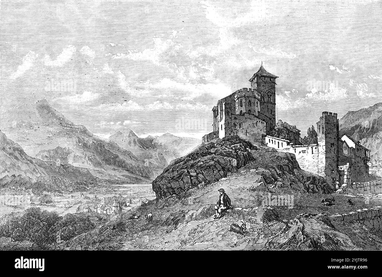 "Château et église de la Valerie, Sion, Canton Valais" - peint par G. C. Stanfield - extrait de l'exposition de la Royal Academy, 1856. Église catholique romaine fortifiée à Sion en Suisse. Gravure d'un tableau de '...Mr. G. C. Stanfield, le fils de Clarkson Stanfield de tout le monde. Il est facile de voir dans quelle bonne école le jeune peintre a étudié, et agréable d'observer les progrès rapides qu'il fait dans son permis L'image que nous gravons est l'œuvre d'aucune main commune». Tiré de "Illustrated London News", 1856. Banque D'Images