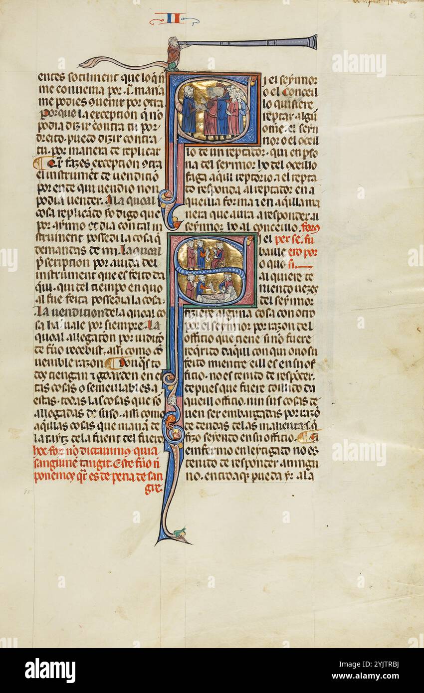 Initial S : un avocat debout devant un groupe d'hommes : initial S : un avocat avec des clients devant un juge et Un juge, avocat, et des clients au lit de malade d'un homme ; Vidal Mayor, vers 1290-1310. Informations complémentaires : en 1247, avec la reconquête de l'Espagne auprès des forces musulmanes pratiquement terminée, le roi Jacques Ier d'Aragon et de Catalogne, en Espagne, décida d'établir un nouveau code de droit systématique pour son Royaume. Il confia la tâche à Vidal de Canellas, évêque de Huesca. Le manuscrit, la seule copie connue du code de droit encore existant, est une traduction du texte latin de Vidal de Canellas dans le vernac Banque D'Images