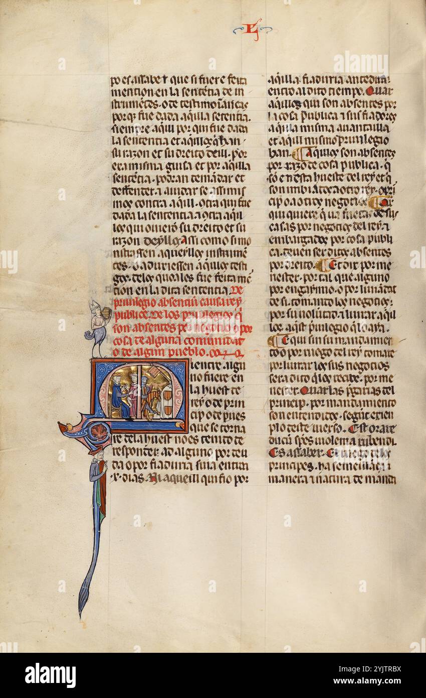 Initial M : un juge et un procureur et Un cavalier devant une tente décorée des armoiries d'Aragon ; Vidal Mayor, vers 1290-1310. Informations complémentaires : en 1247, avec la reconquête de l'Espagne auprès des forces musulmanes pratiquement terminée, le roi Jacques Ier d'Aragon et de Catalogne, en Espagne, décida d'établir un nouveau code de droit systématique pour son Royaume. Il confia la tâche à Vidal de Canellas, évêque de Huesca. Le manuscrit, la seule copie connue du code de droit encore existant, est une traduction du texte latin de Vidal de Canellas dans la langue vernaculaire navarro-aragonaise (dans cette langue, le b Banque D'Images