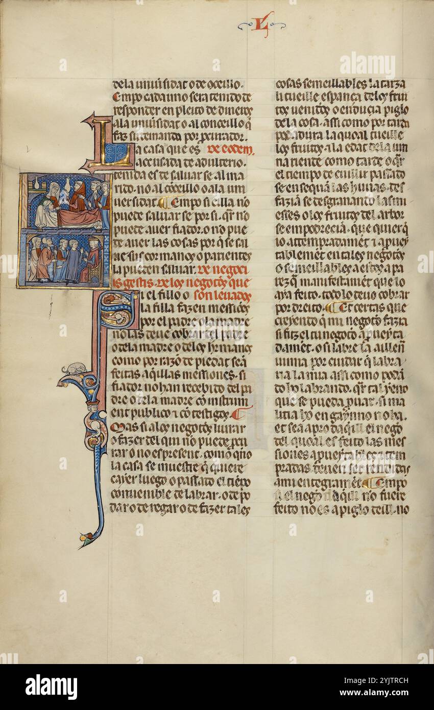 Initial S : enfants et alchimiste au chevet et enfants et aînés devant un juge ; Vidal Mayor, vers 1290-1310. Informations complémentaires : en 1247, avec la reconquête de l'Espagne auprès des forces musulmanes pratiquement terminée, le roi Jacques Ier d'Aragon et de Catalogne, en Espagne, décida d'établir un nouveau code de droit systématique pour son Royaume. Il confia la tâche à Vidal de Canellas, évêque de Huesca. Le manuscrit, la seule copie connue du code de droit encore en vigueur, est une traduction du texte latin de Vidal de Canellas dans la langue vernaculaire navarro-aragonaise (dans cette langue, le livre est appelé Banque D'Images