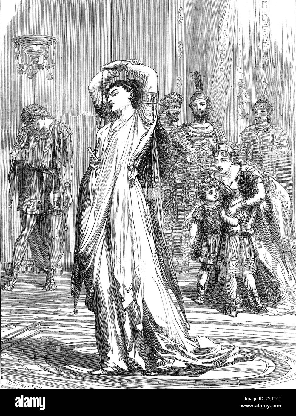 Scène de "Médée à Corinthe", au Lyceum Theatre, 1872. Production scénique de Londres. 'Miss Bateman est bien accueillie au Lyceum dans son nouveau personnage. Si elle est inégale à la dignité sévère de la Médée classique, elle brille néanmoins dans l'affichage de l'émotion maternelle. À cet égard Miss Bateman a eu plusieurs occasions d'afficher la tendance de son génie. Les enfants ont joué un rôle important dans les drames de "Leah" et de "Mary Warner", et ne sont que répétés dans "Médée". Notre illustration représente l'actrice dans sa pose la plus frappante. Findin Banque D'Images