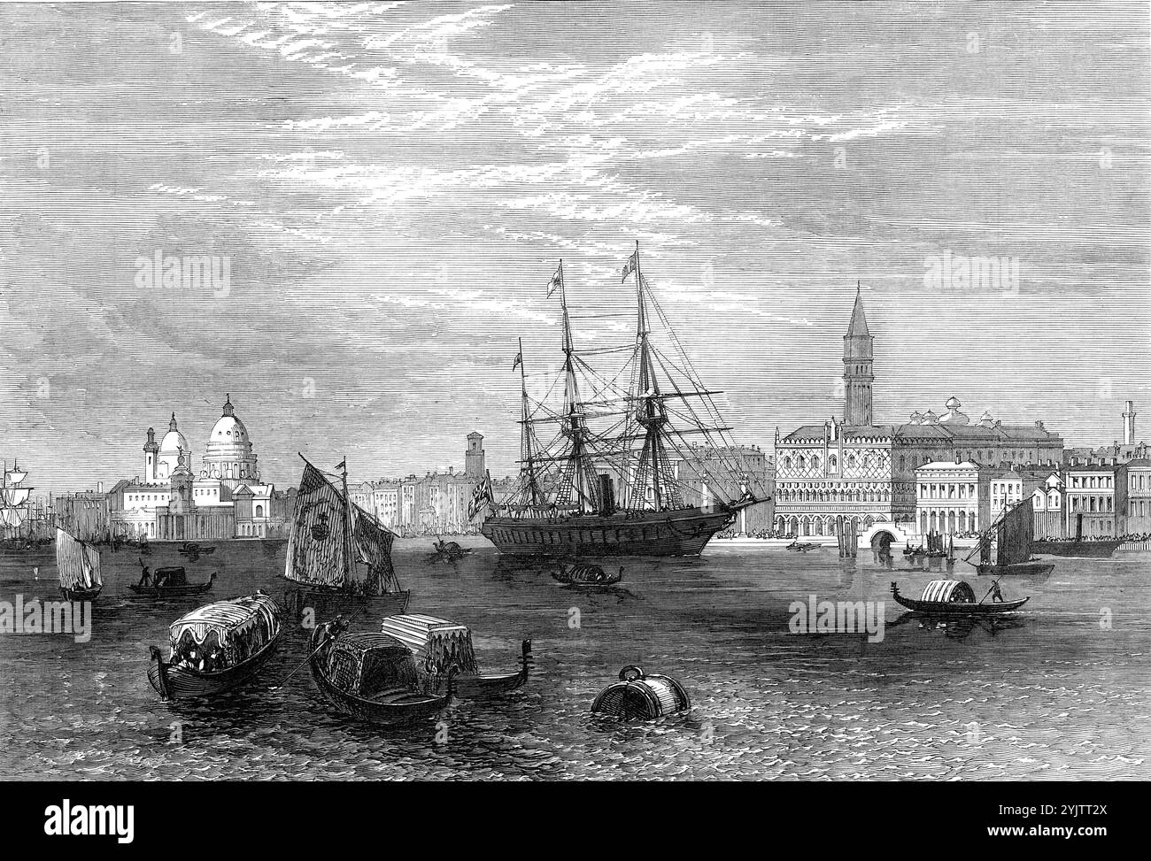 Ouverture de la nouvelle ligne pour les bateaux à vapeur de la Peninsular and Oriental Company au départ de Venise, 1872. Une nouvelle route, '...from Venise en bas de l'Adriatique, pour [P&amp;O] vapeurs de courrier, avec les courriers Overland et les passagers vers l'Inde et la Chine... vue de la Poonah se trouvant le long de la Riva dei Schiavoni, en face du Palais des Doges et très près de la cathédrale de Marc. Ces deux bâtiments nobles, les plus grands monuments de la gloire vénitienne et de la prospérité dans le passé, sont vus dans notre illustration, avec une beauté intacte, regardant une scène dans le port de Venise qu'aucun des Doges n'aurait pu prévoir. Il wi Banque D'Images